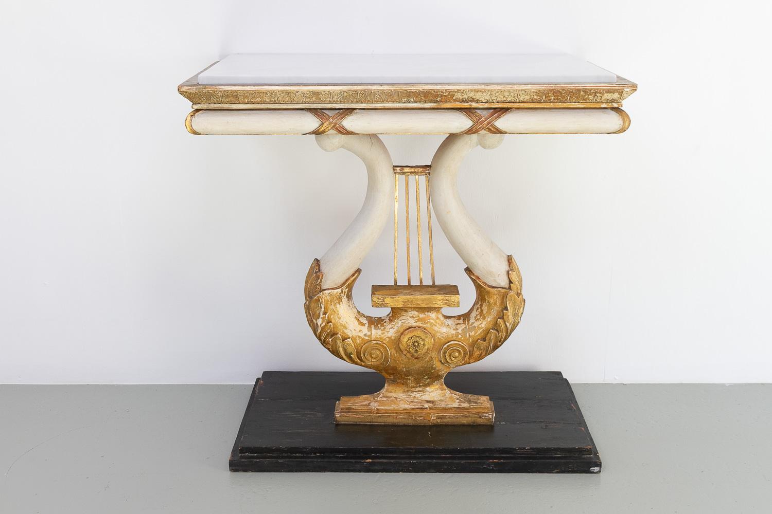 Swedish Gustavian Giltwood Console Table with Lyre and Marble Top, 1800s. For Sale 9