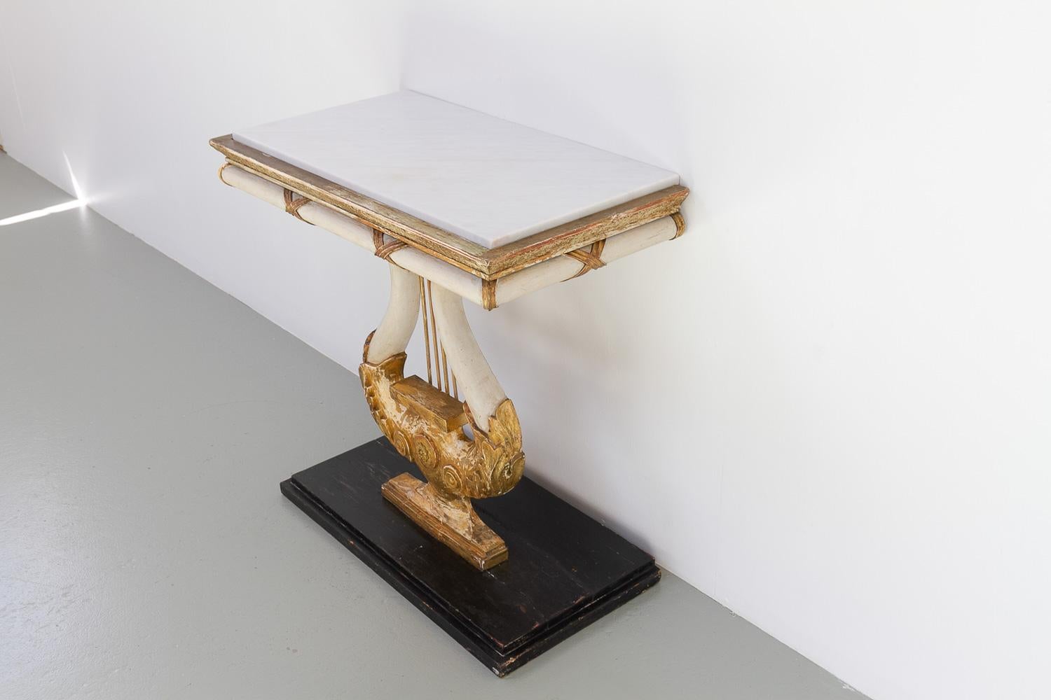 Swedish Gustavian Giltwood Console Table with Lyre and Marble Top, 1800s. For Sale 10