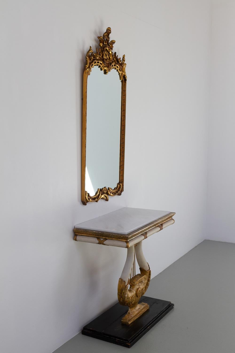 Swedish Gustavian Giltwood Console Table with Lyre and Marble Top, 1800s. For Sale 15