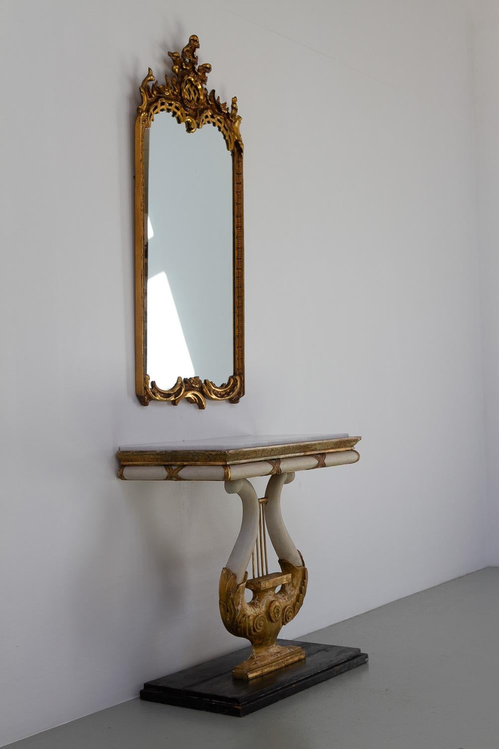 Swedish Gustavian Giltwood Console Table with Lyre and Marble Top, 1800s. For Sale 16