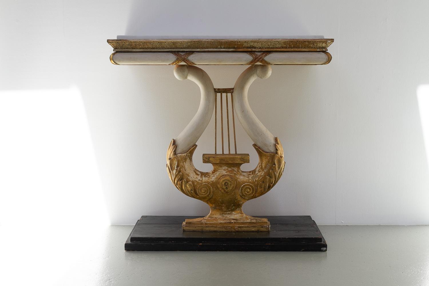 Swedish Gustavian Giltwood Console Table with Lyre and Marble Top, 1800s. In Fair Condition For Sale In Asaa, DK
