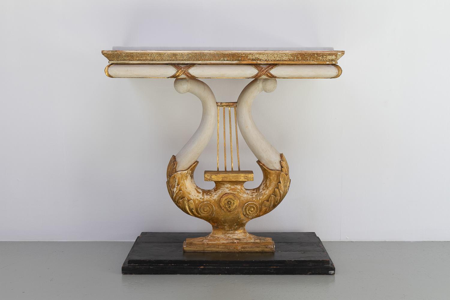 19th Century Swedish Gustavian Giltwood Console Table with Lyre and Marble Top, 1800s. For Sale