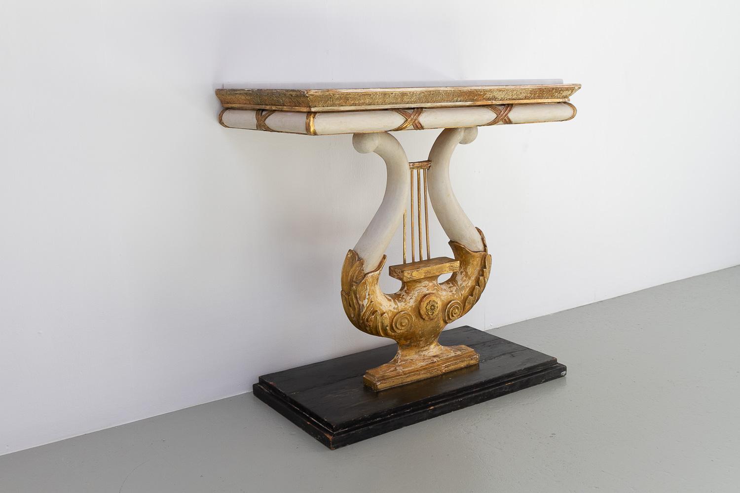 Swedish Gustavian Giltwood Console Table with Lyre and Marble Top, 1800s. For Sale 1