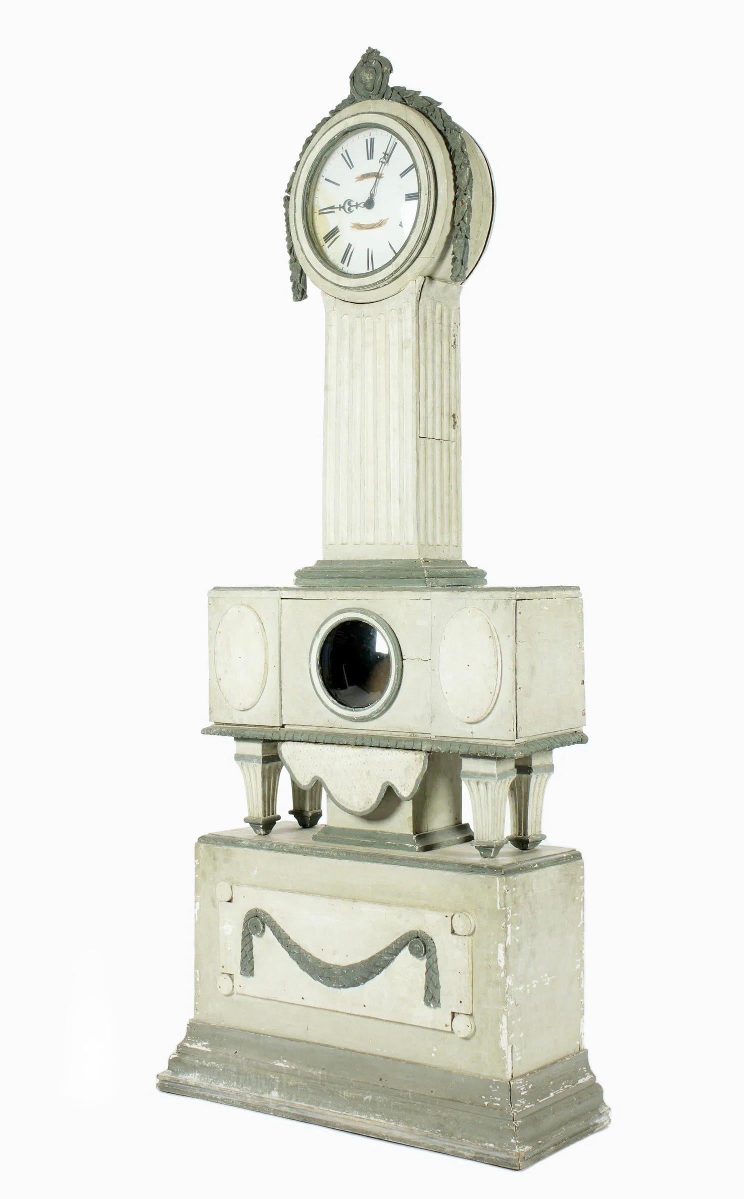 Wood Swedish Gustavian Grey Painted Tall Case Clock For Sale