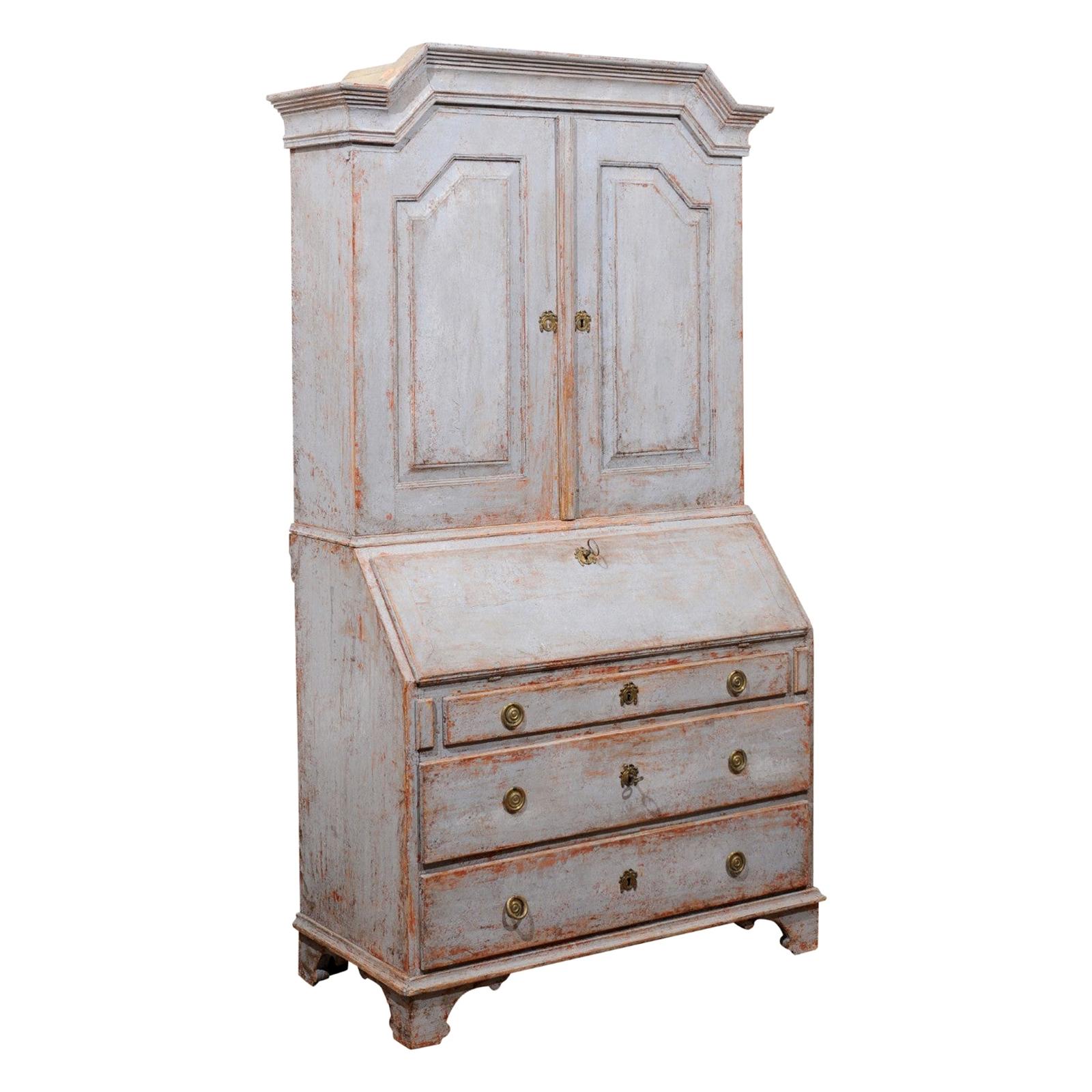 Swedish Gustavian Late 18th Century Tall Painted Secretary with Slanted Desk