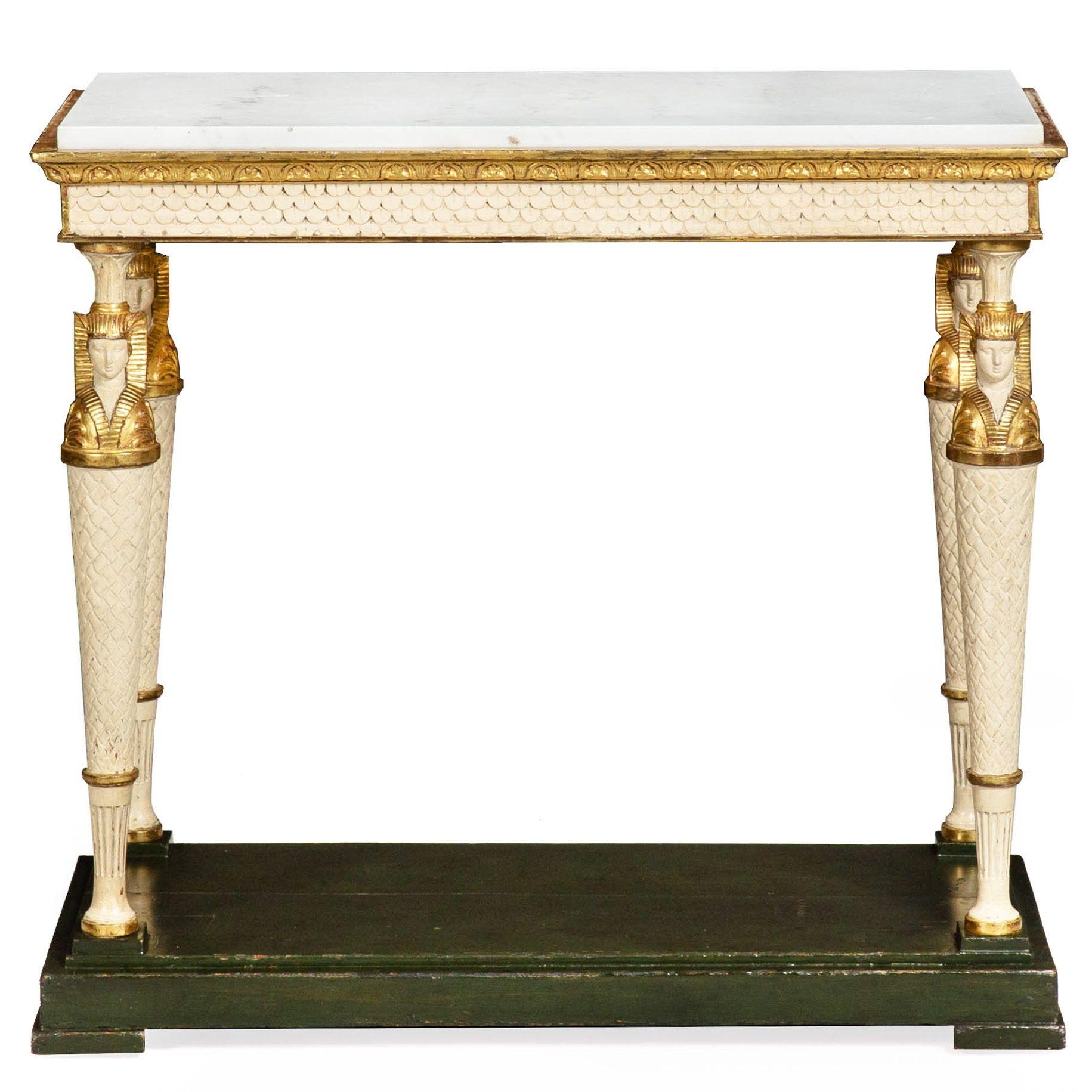 A VERY FINE EMPIRE POLYCHROMED MARBLE-TOP PIER CONSOLE TABLE IN THE EGYPTIAN TASTE
Sweden, circa 1810-1820  with early green and pearl painted elements against parcel-gilding
Item # 312DJG08W

A remarkable and visually compelling pier table of the