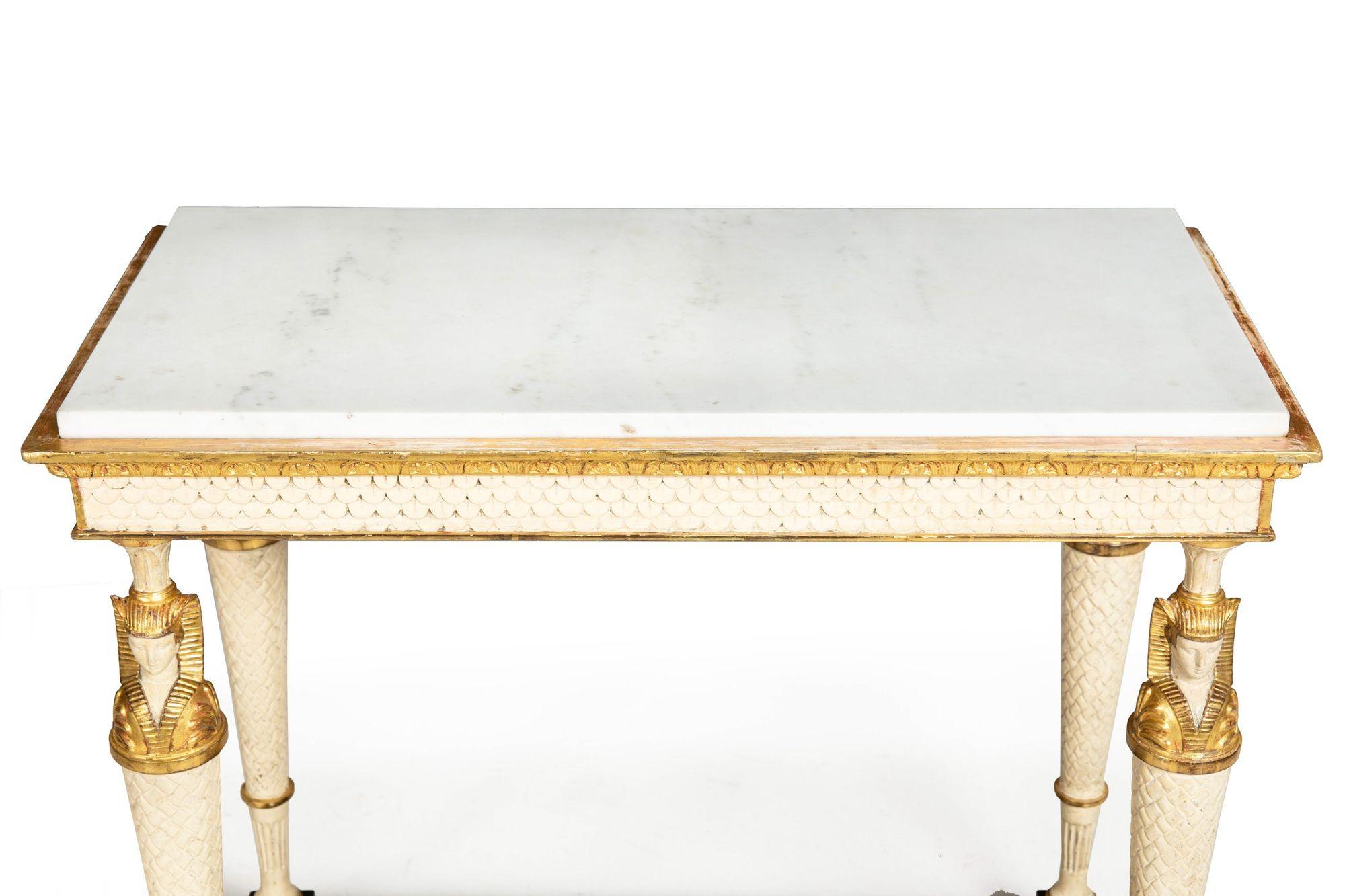 Gesso Swedish Gustavian Marble Top Egyptian Pharaoh Mask Pier Table circa 1820 For Sale