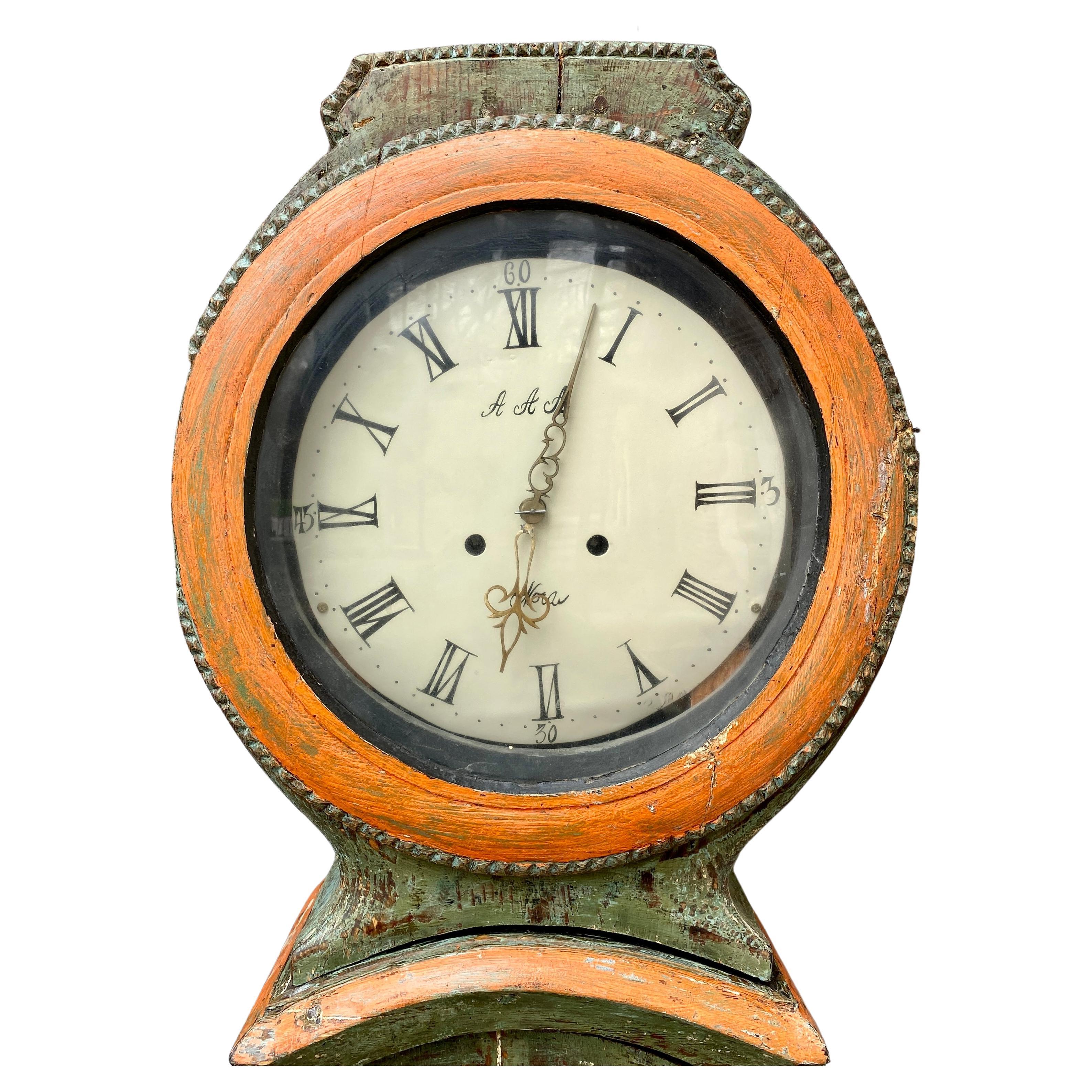 Swedish Gustavian Mora Clock in Original Green Orange Colors, Early 19th Century For Sale 2