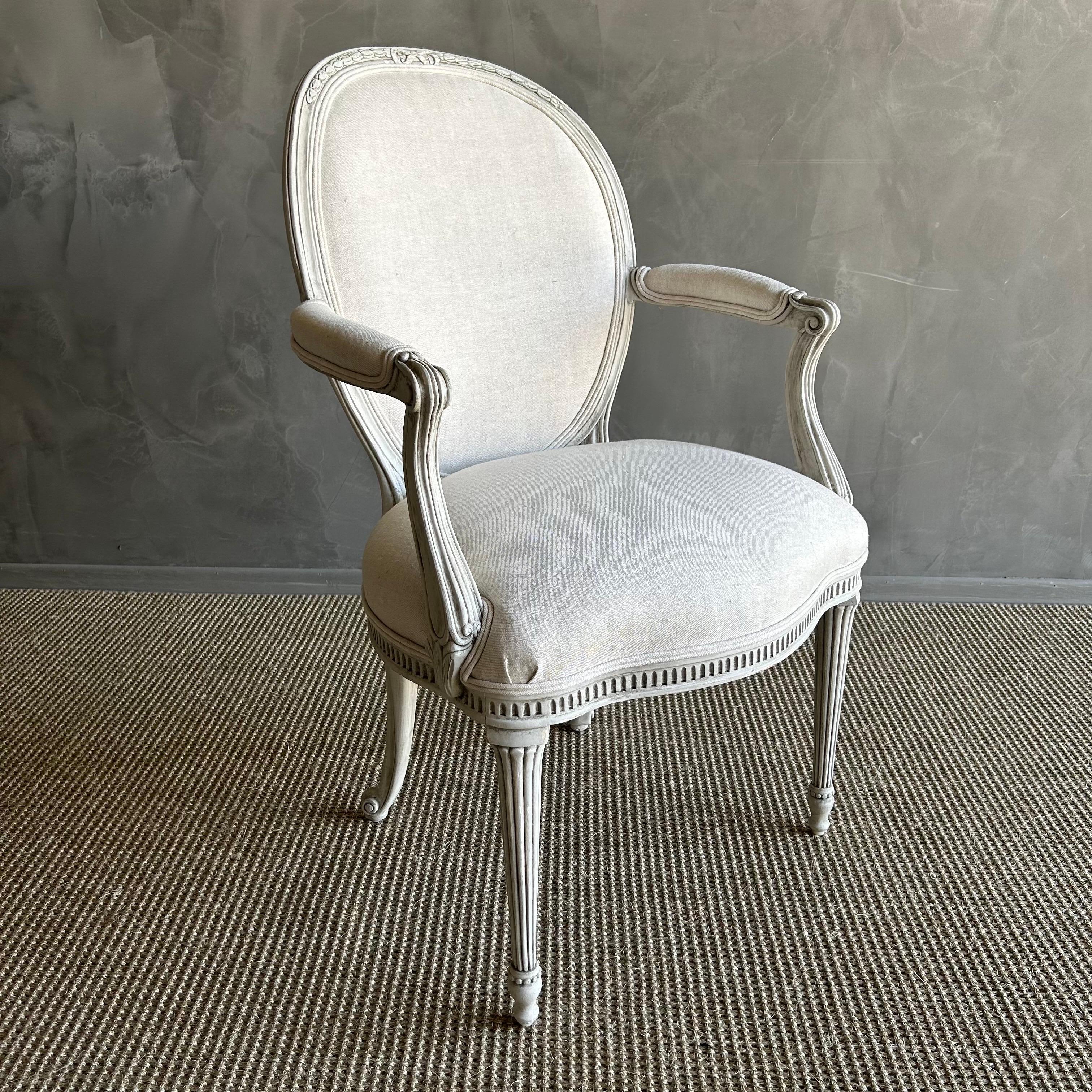European Swedish Gustavian Open Arm Chair Upholstered in Linen For Sale