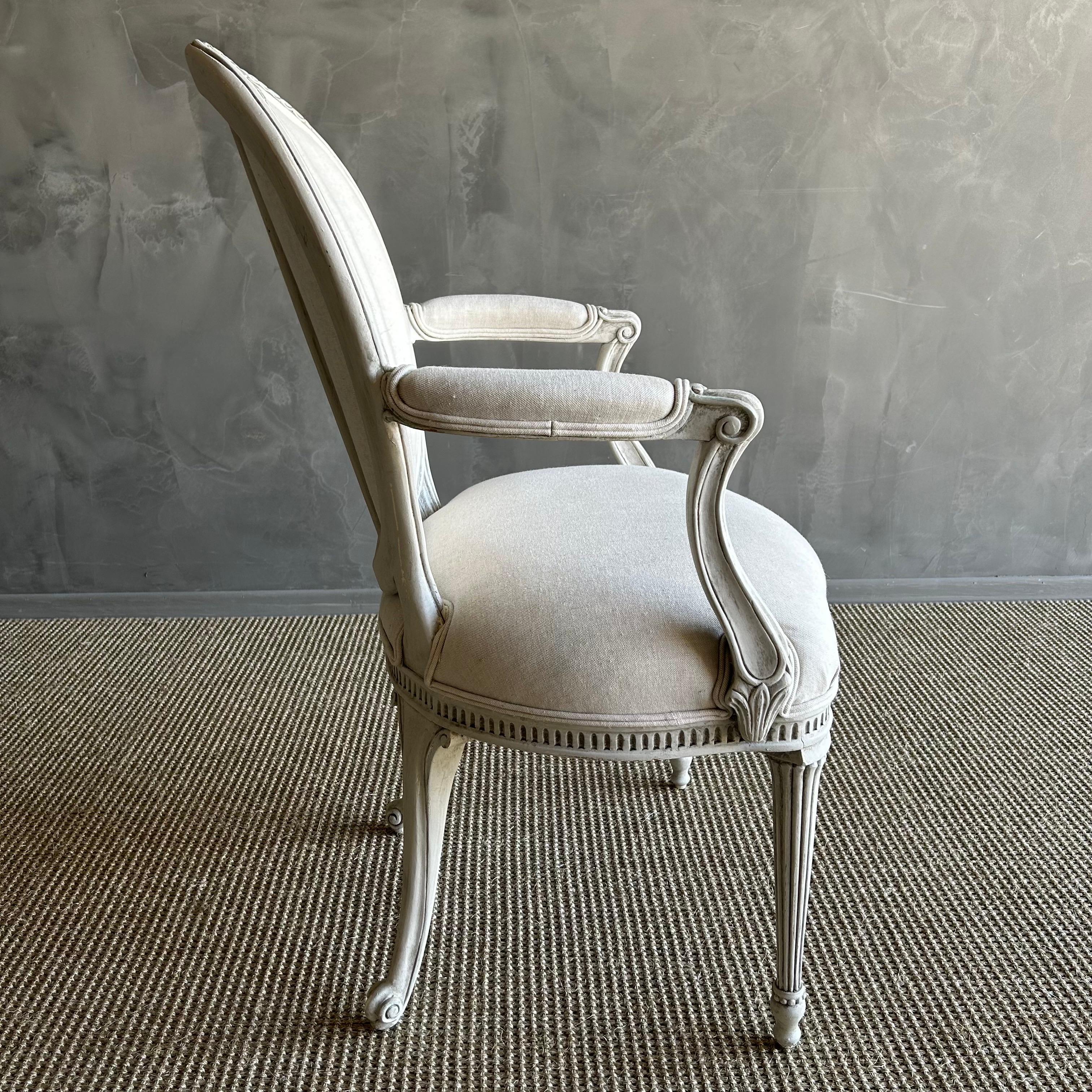 Swedish Gustavian Open Arm Chair Upholstered in Linen For Sale 2