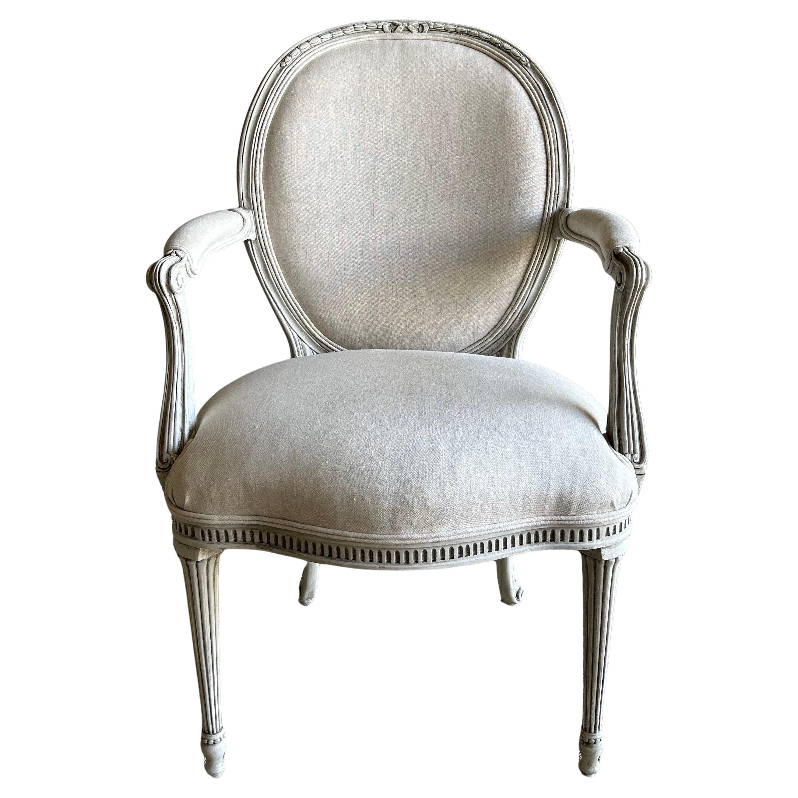 Swedish Gustavian Open Arm Chair Upholstered in Linen