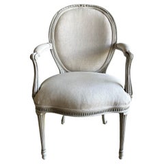 Swedish Gustavian Open Arm Chair Upholstered in Linen