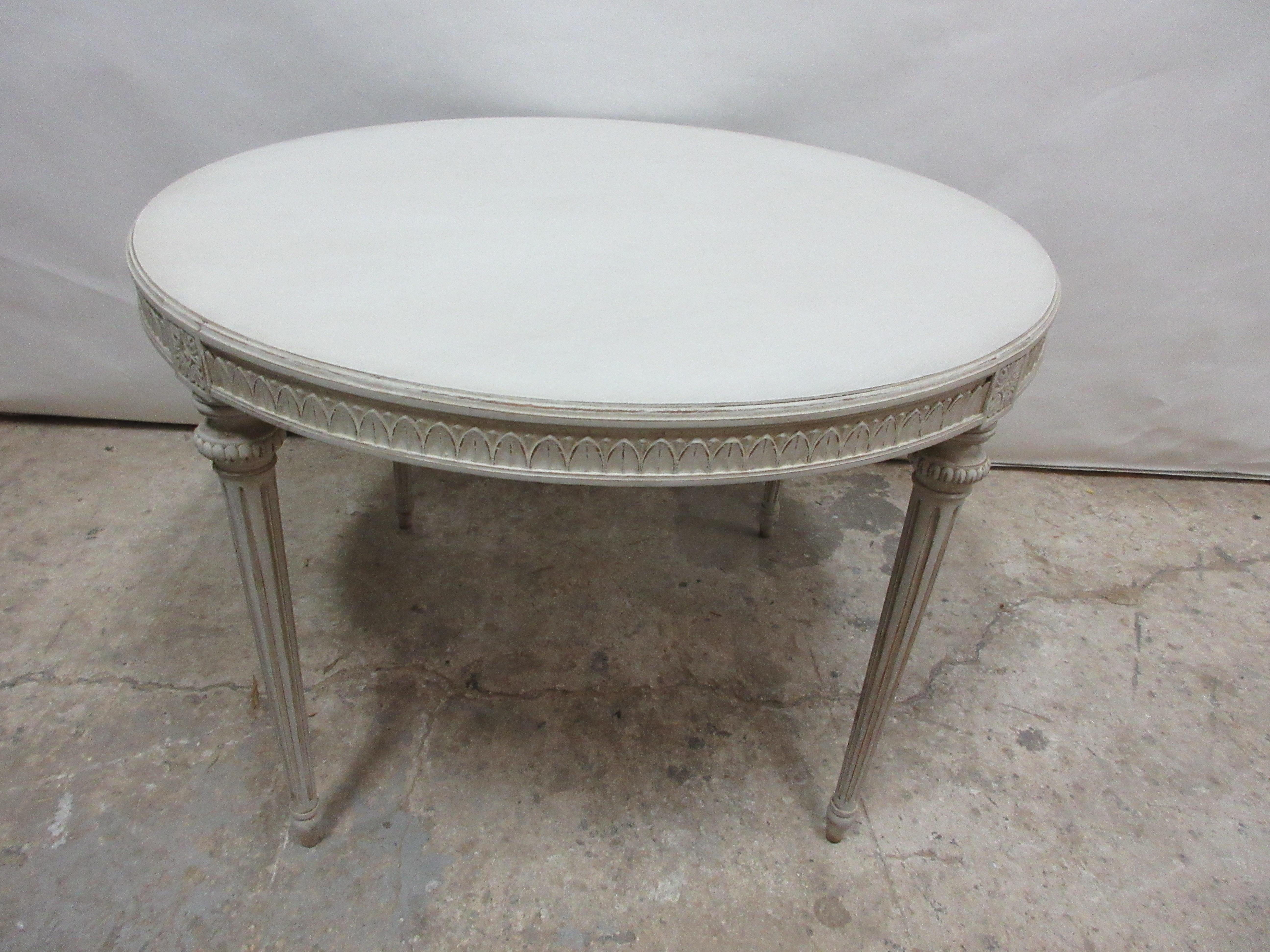 This is a Swedish Gustavian oval table, it has been restored and repainted with milk paints 