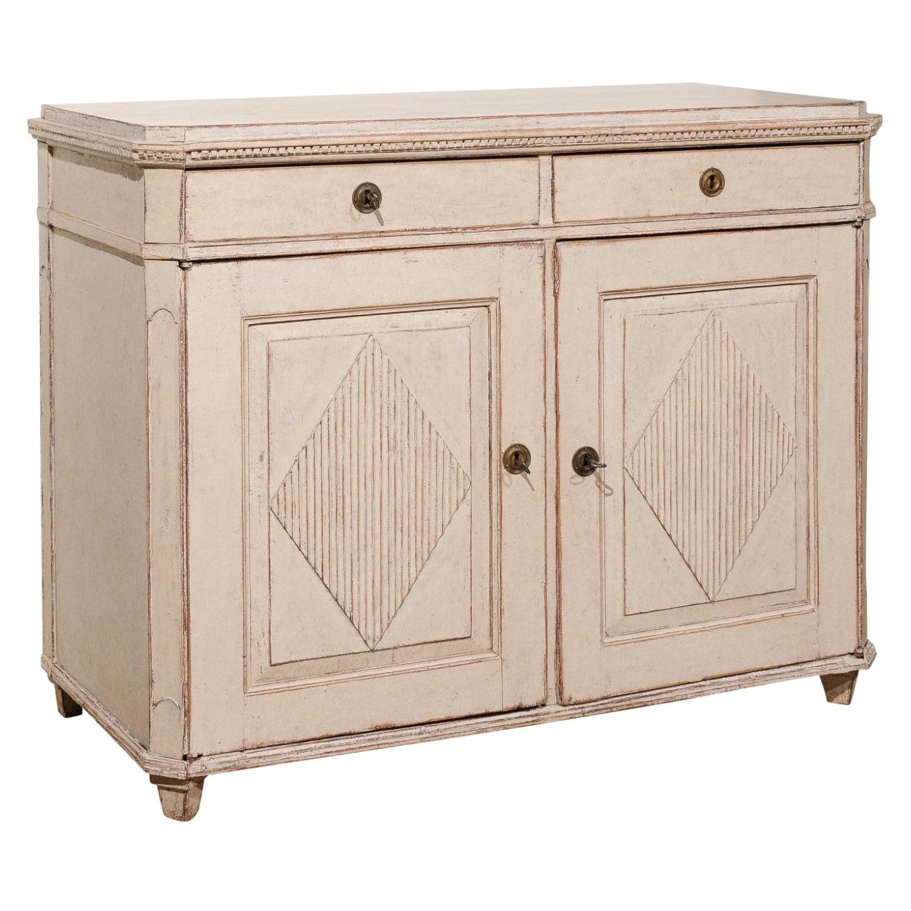 Sold Swedish Gustavian Painted Buffet with Diamond Motifs and Canted Side Posts