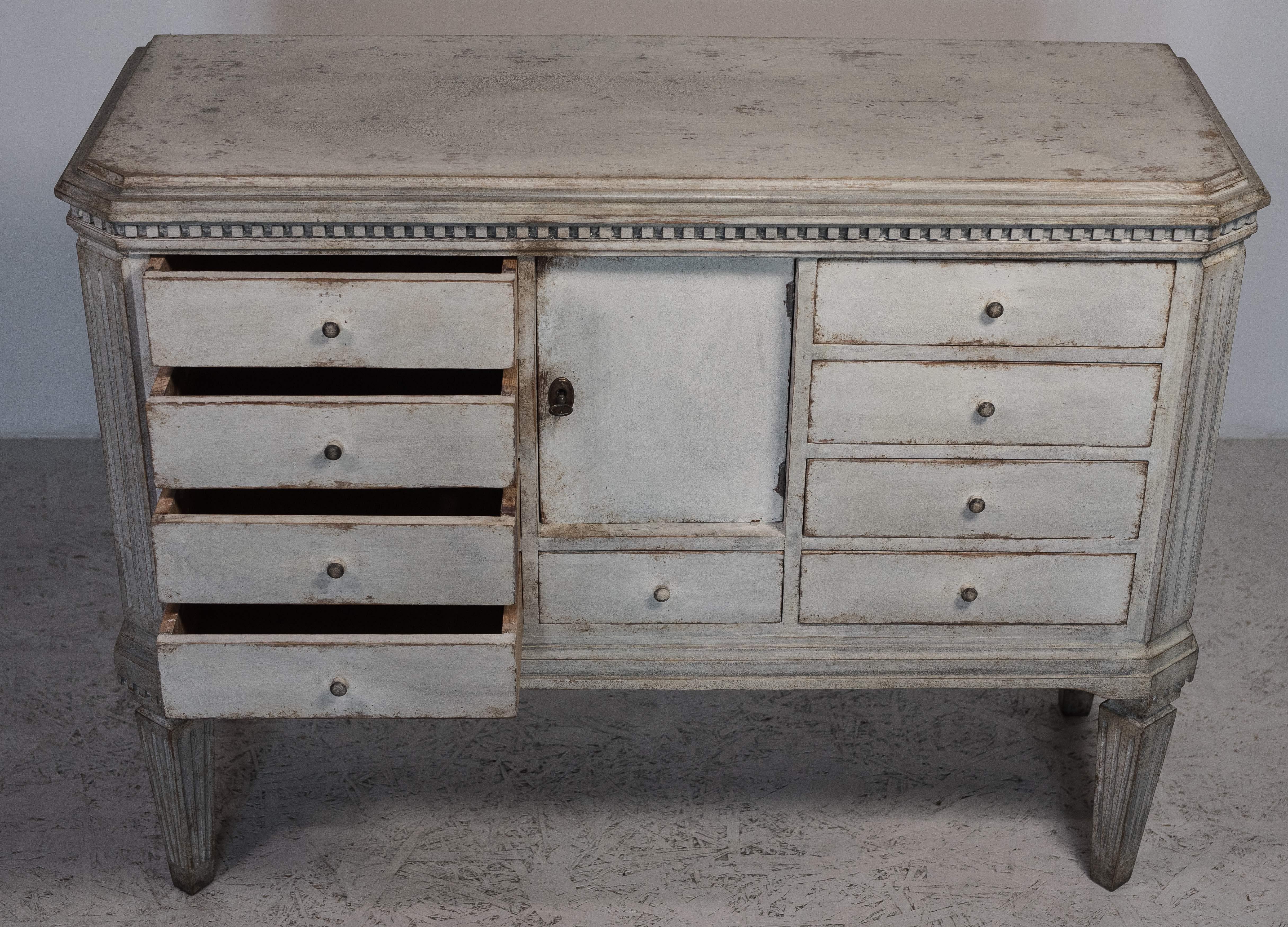 Hand-Painted Swedish Gustavian Painted Chest of 9 Drawers Commode Tallboy 1870 Grey White