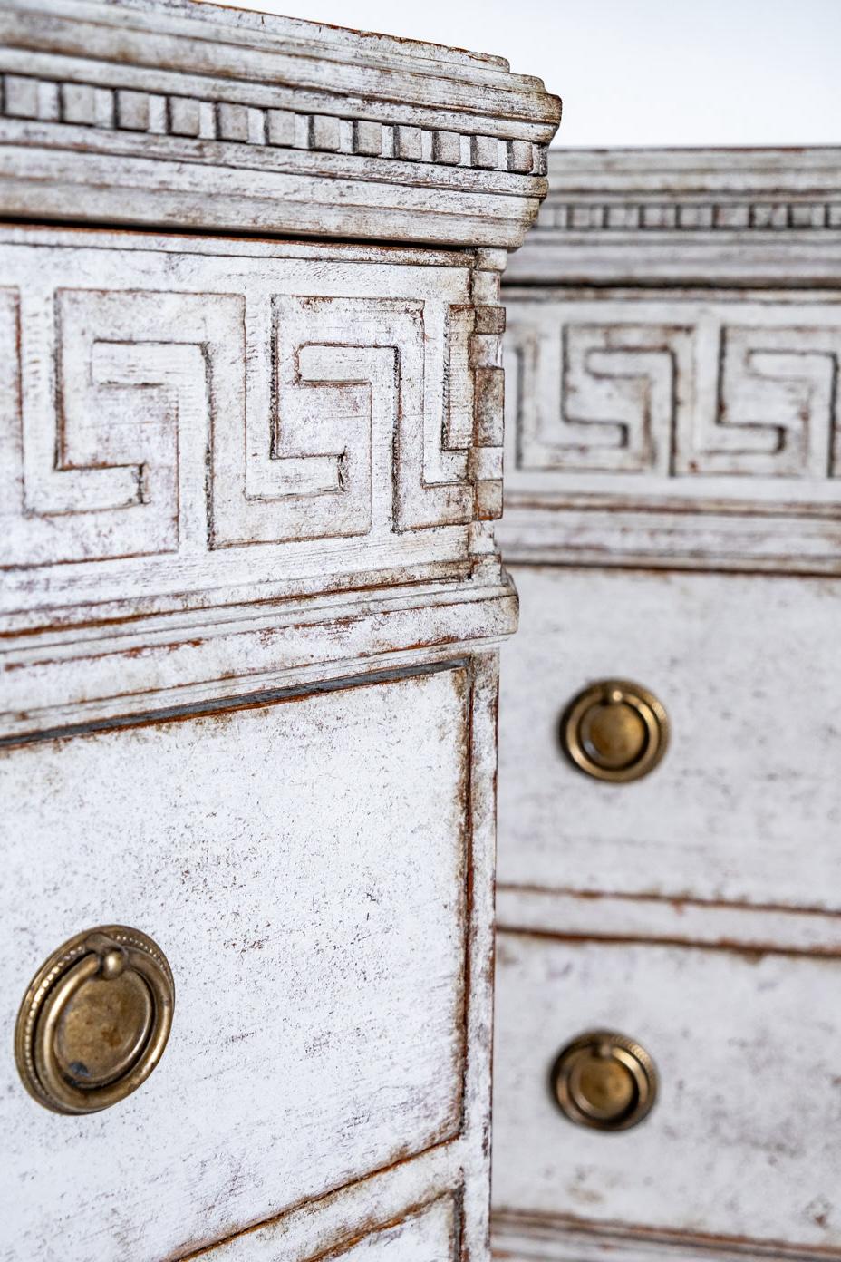 Pine Swedish Gustavian Painted Chest of Drawers Pair Commode Grey White C.1860 Carved For Sale