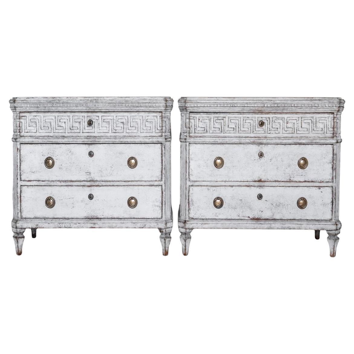 Swedish Gustavian Painted Chest of Drawers Pair Commode Grey White C.1860 Carved