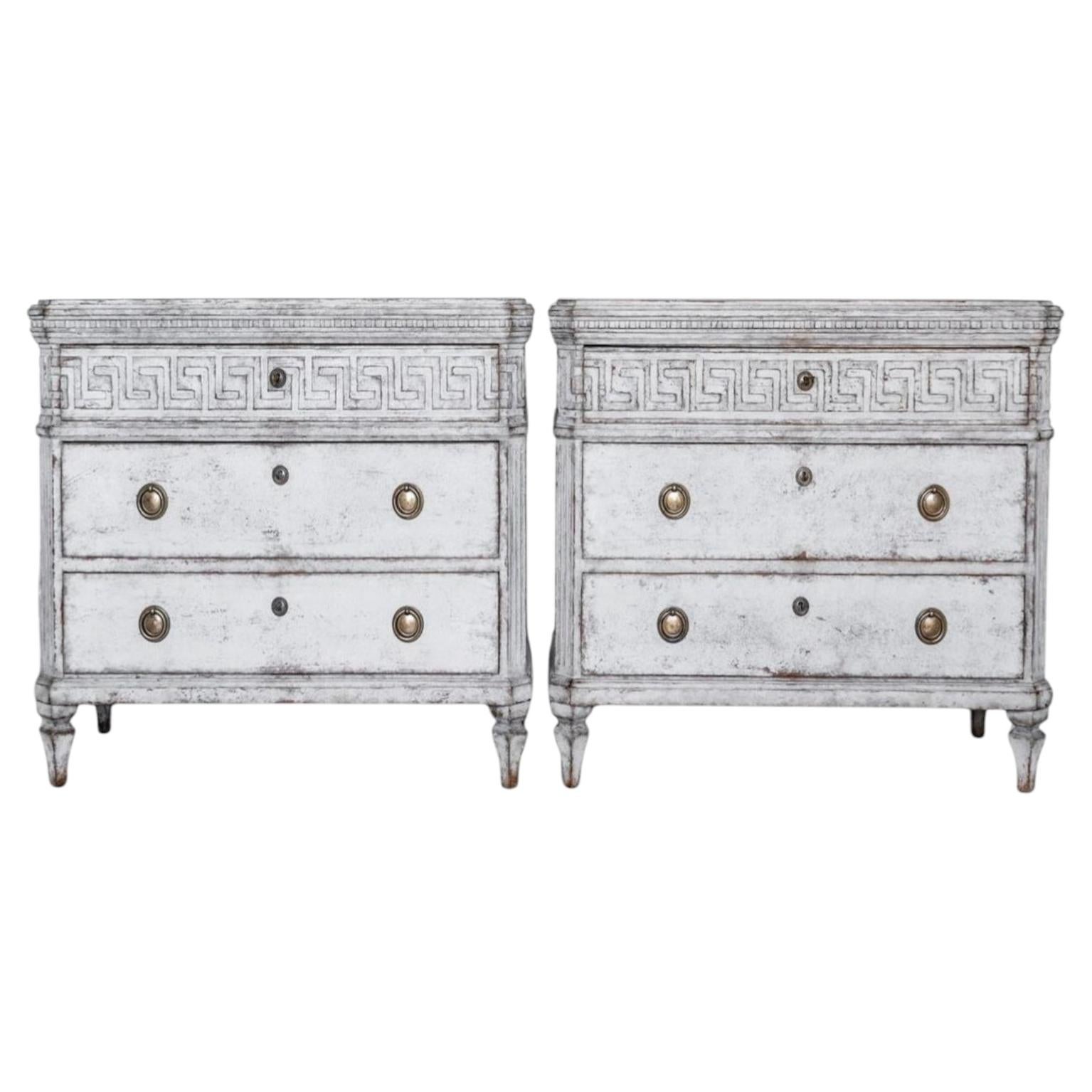 Swedish Gustavian Painted Chest of Drawers Pair Commode Grey White C.1860 Carved For Sale