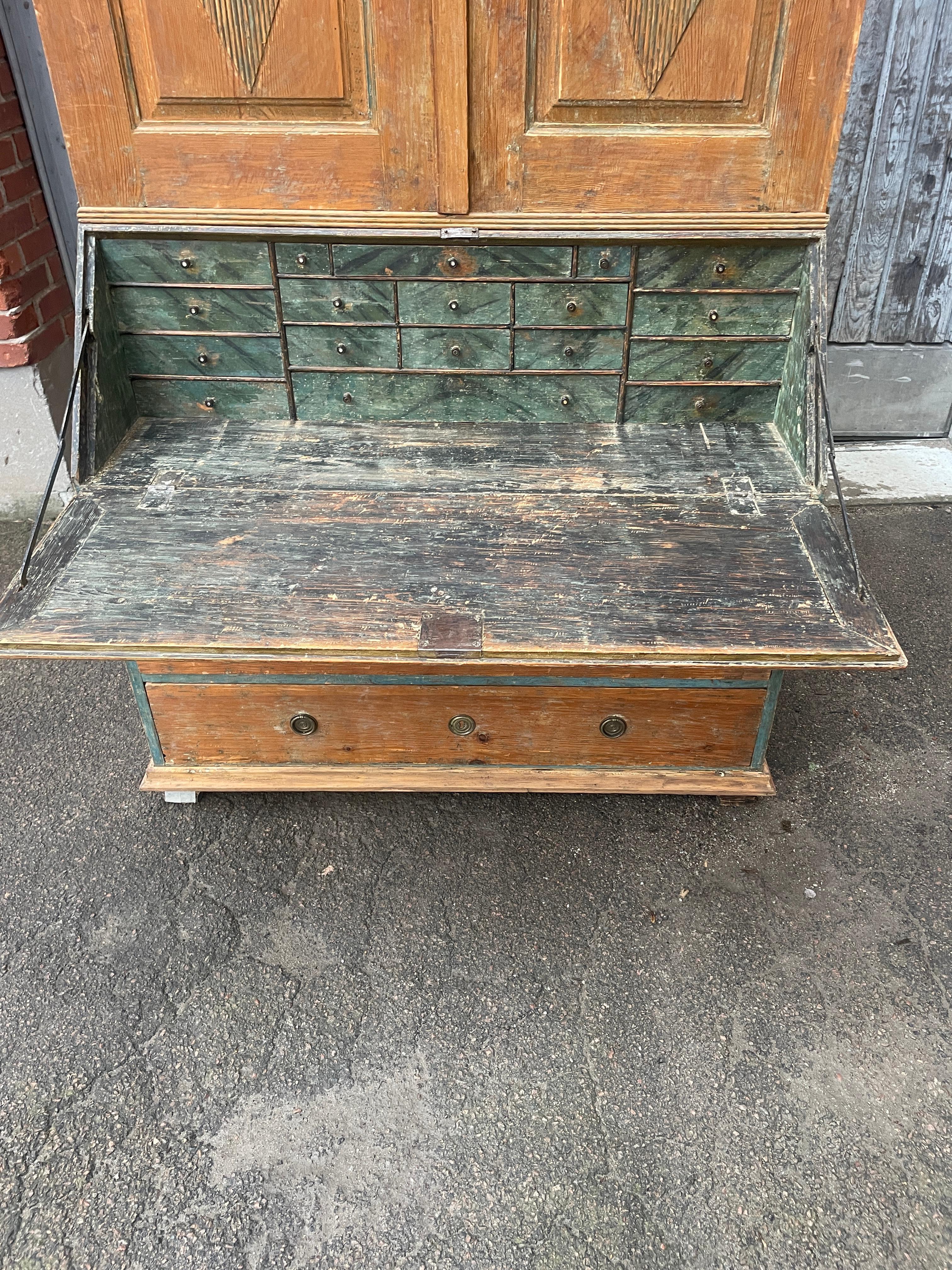 Brass Swedish Gustavian Painted Secretary Cabinet Bookcase For Sale