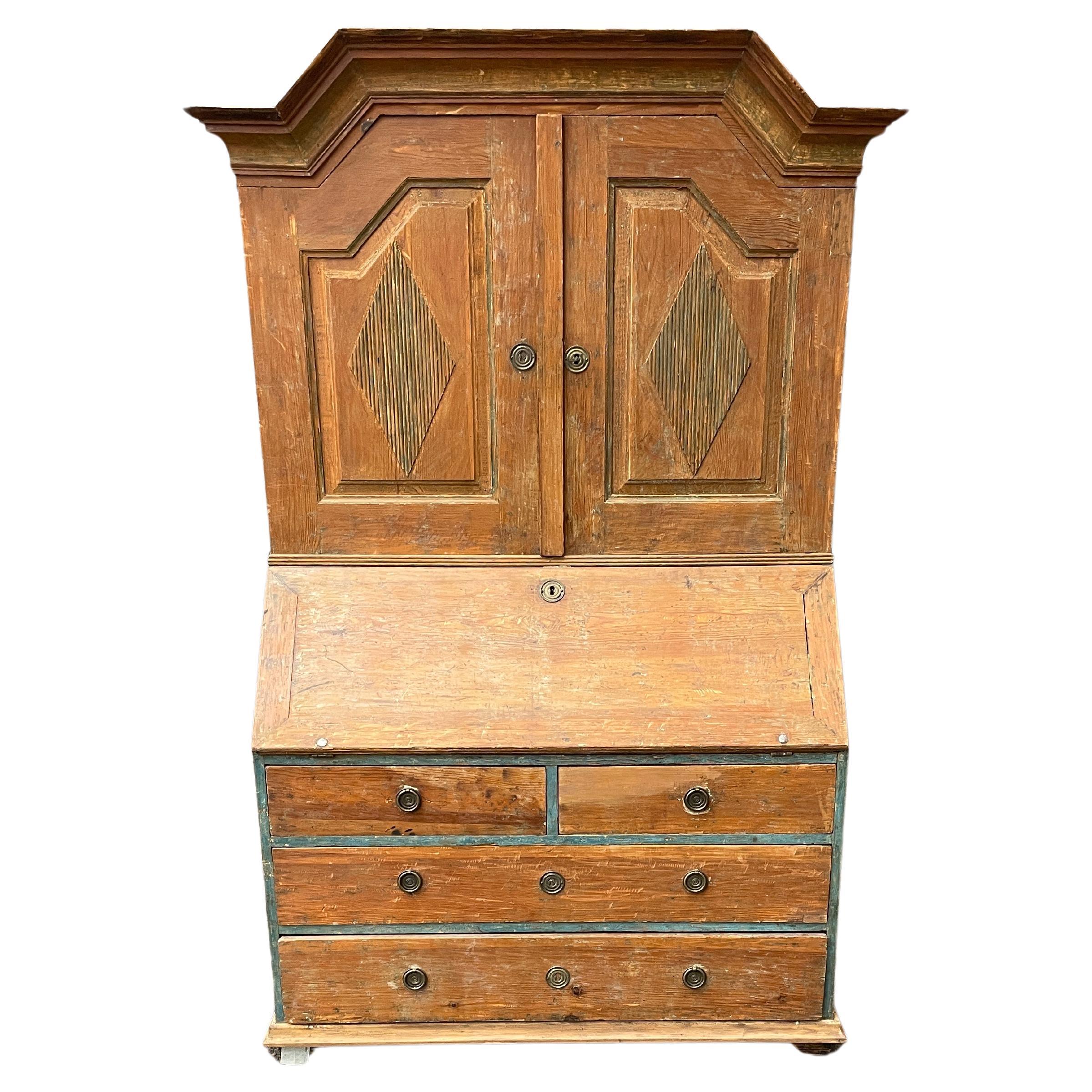 Swedish Gustavian Painted Secretary Cabinet Bookcase For Sale