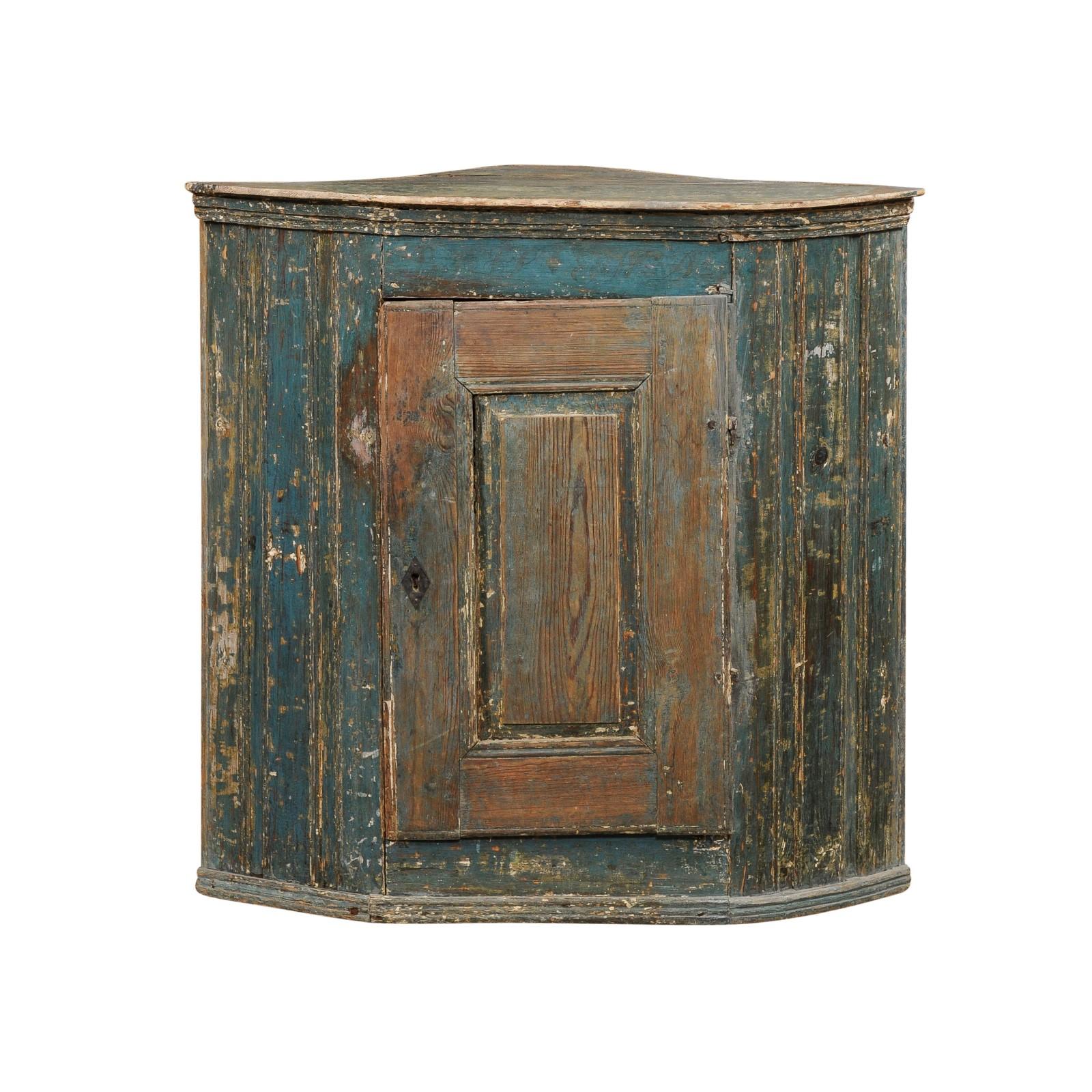 Carved Swedish Gustavian Period 1790s Blue Painted Wall Hanging Corner Cabinet For Sale
