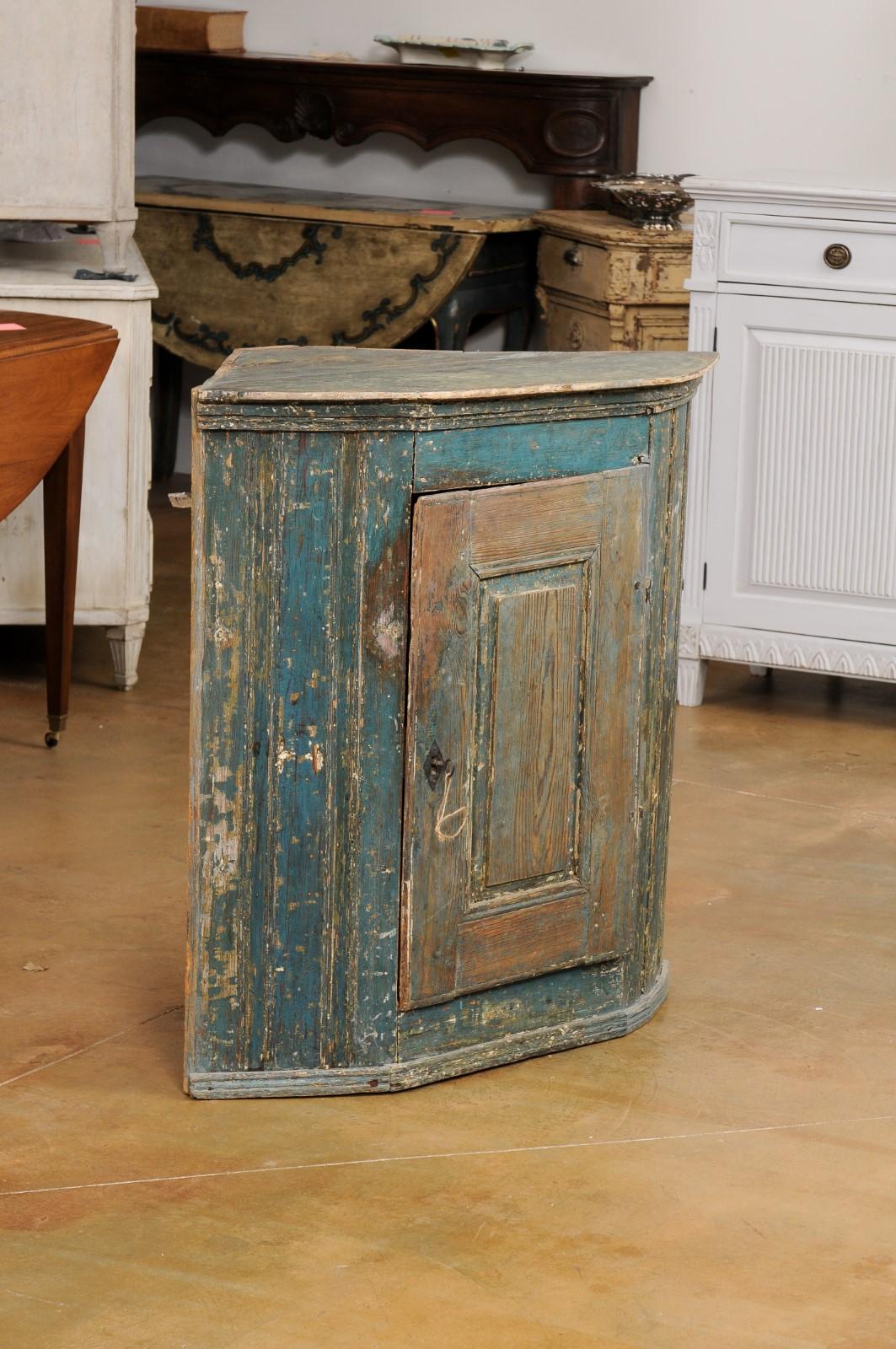 18th Century Swedish Gustavian Period 1790s Blue Painted Wall Hanging Corner Cabinet For Sale