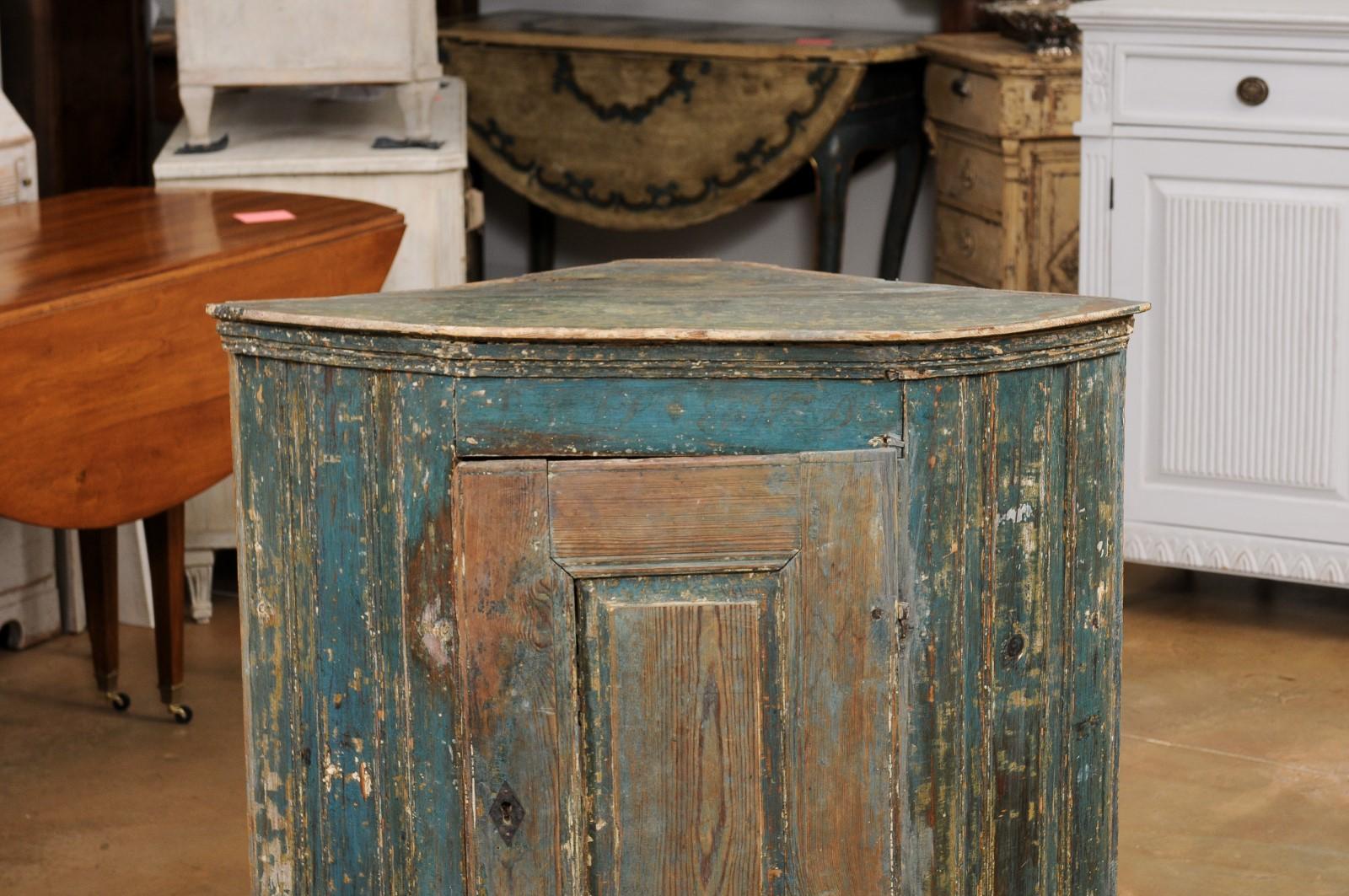 Wood Swedish Gustavian Period 1790s Blue Painted Wall Hanging Corner Cabinet For Sale