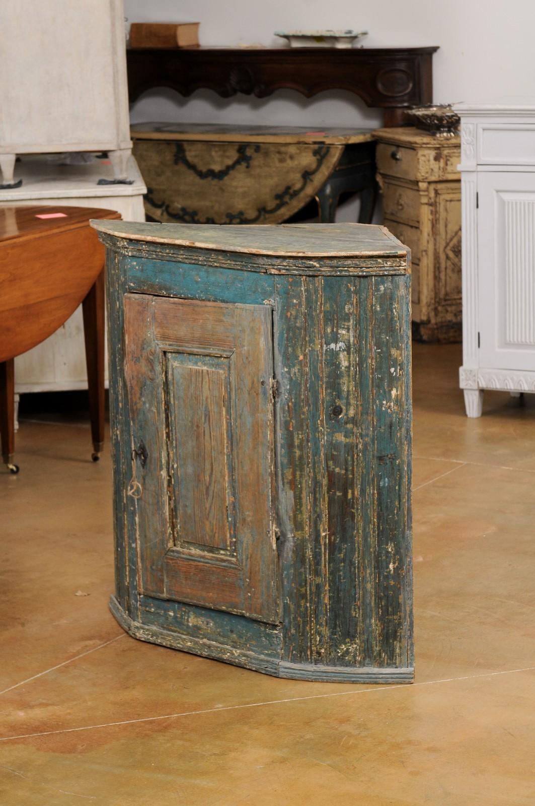 Swedish Gustavian Period 1790s Blue Painted Wall Hanging Corner Cabinet For Sale 2