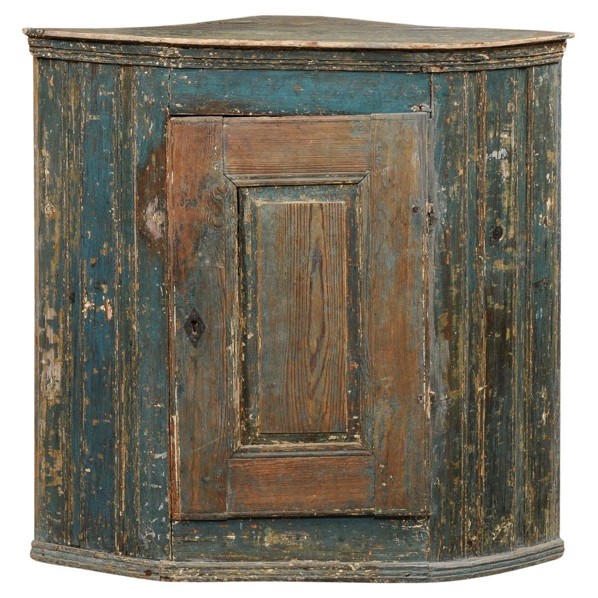 Swedish Gustavian Period 1790s Blue Painted Wall Hanging Corner Cabinet For Sale