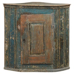 Antique Swedish Gustavian Period 1790s Blue Painted Wall Hanging Corner Cabinet