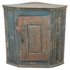 Antique Swedish Gustavian Period 1790s Blue Painted Wall Hanging Corner Cabinet