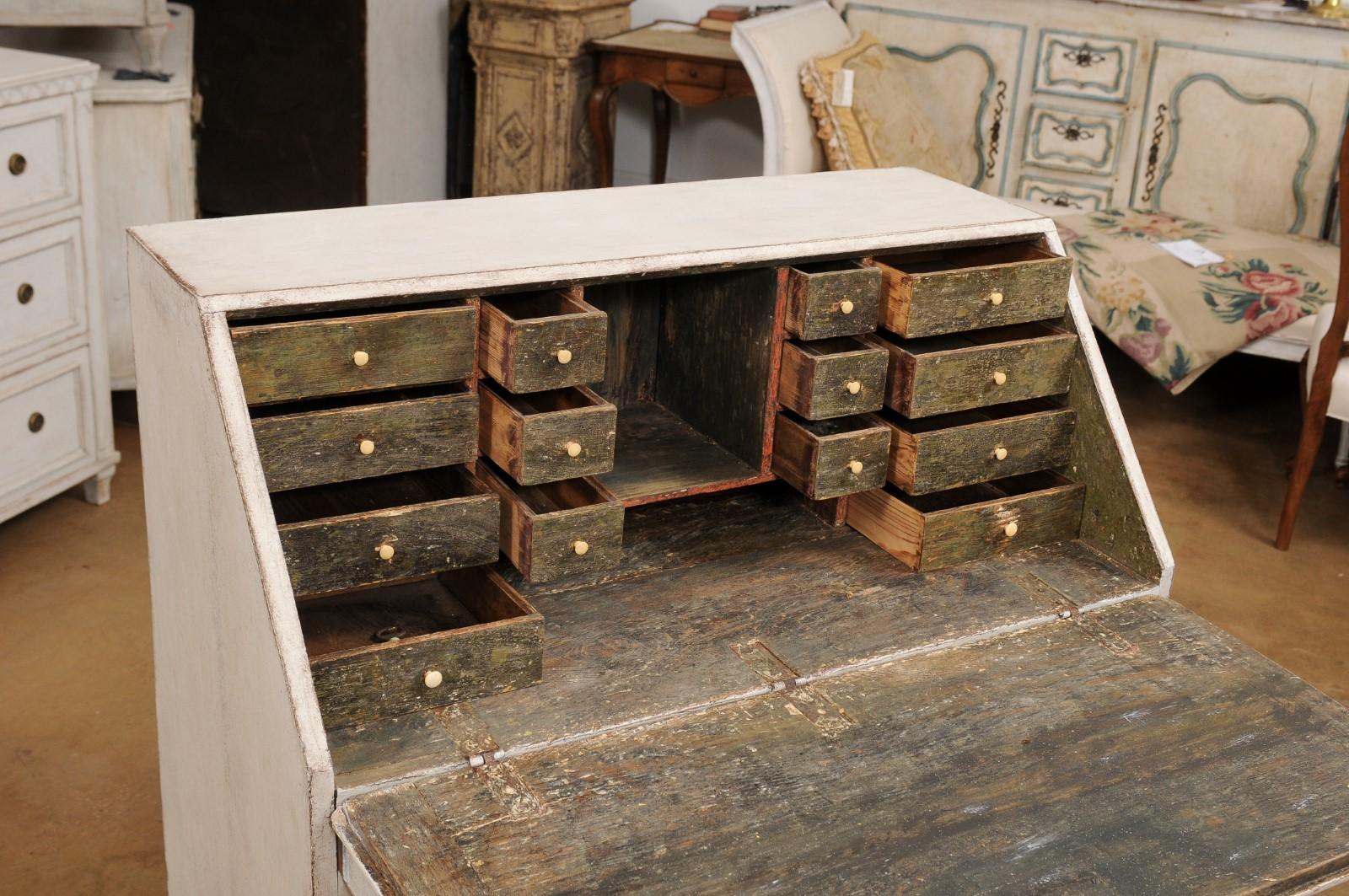 Wood Swedish Gustavian Period 1790s Painted Slant Front Secretary with Three Drawers For Sale