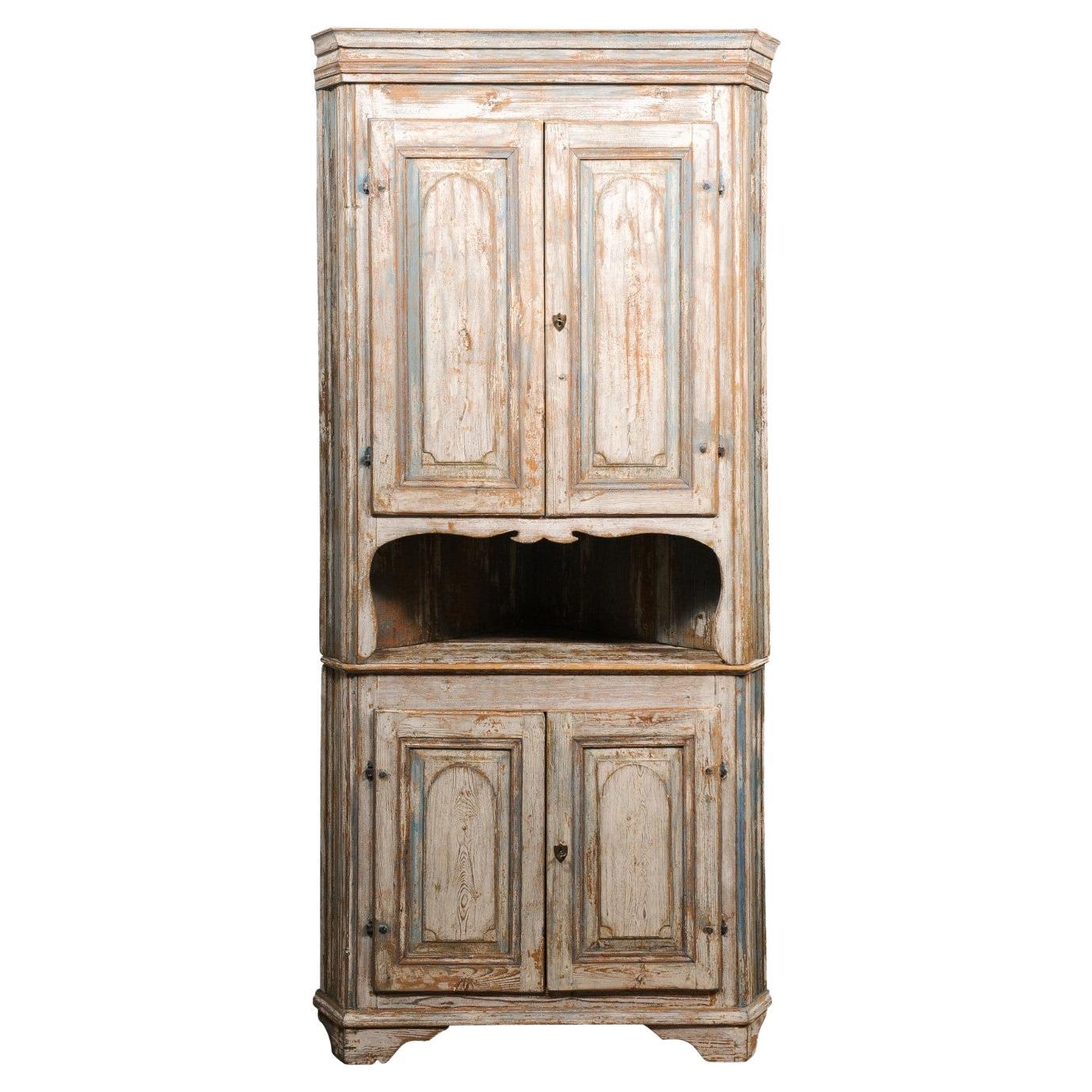 Swedish Gustavian Period 1800s Corner Cabinet with Carved Doors and Open Shelf For Sale