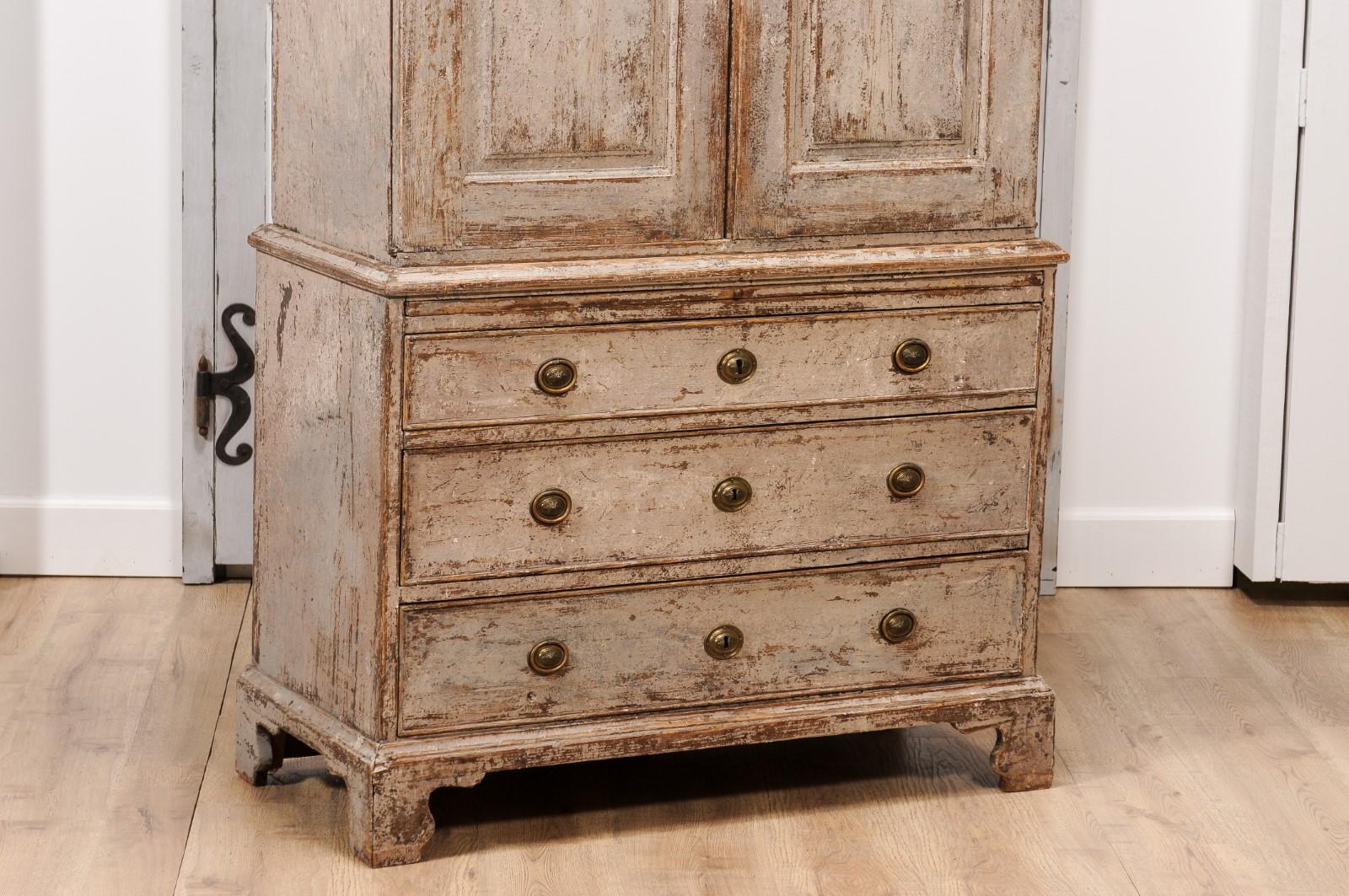 Carved Swedish Gustavian Period 1802 Painted Wood Cupboard with Doors and Drawers For Sale