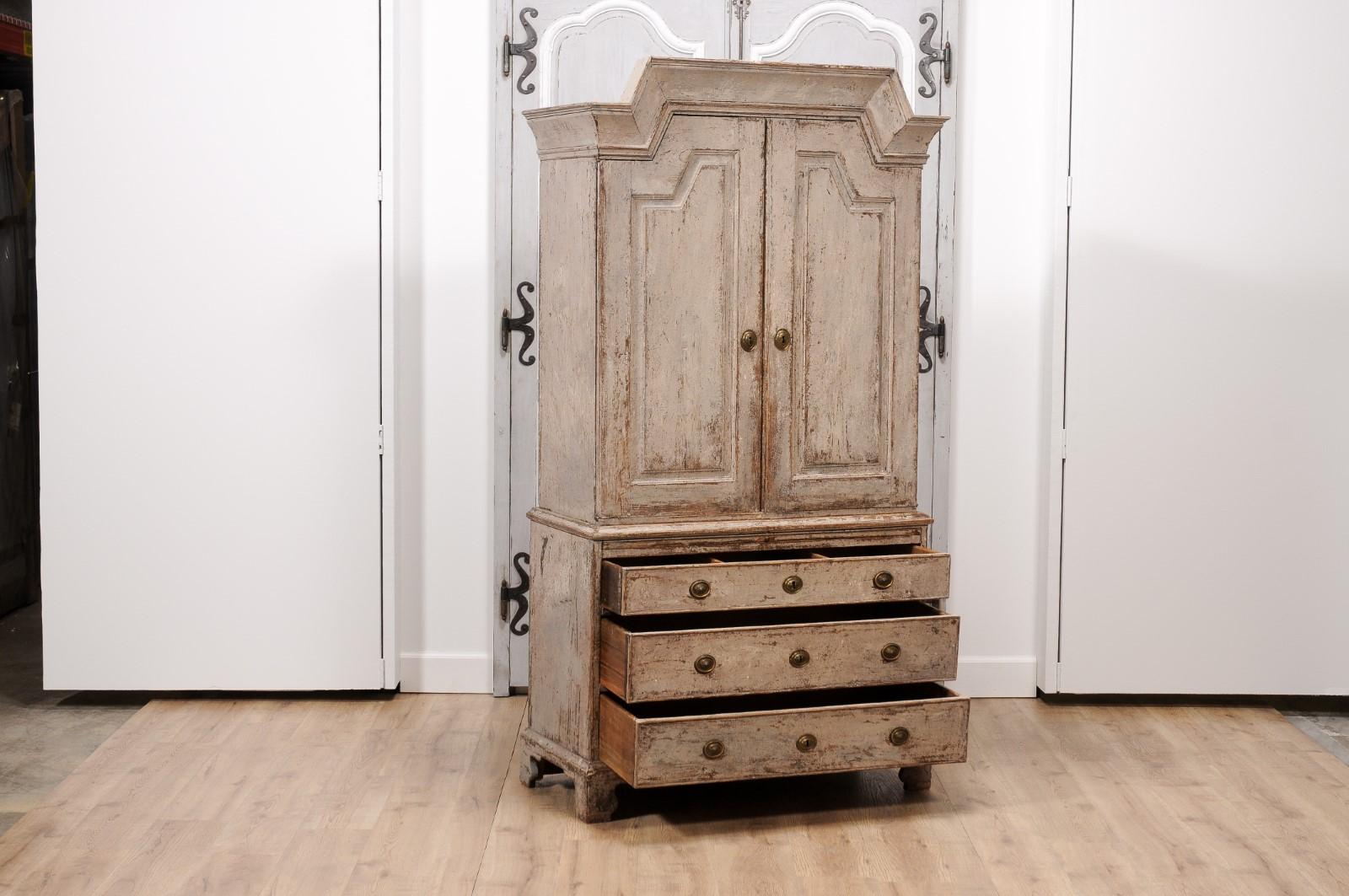 19th Century Swedish Gustavian Period 1802 Painted Wood Cupboard with Doors and Drawers For Sale