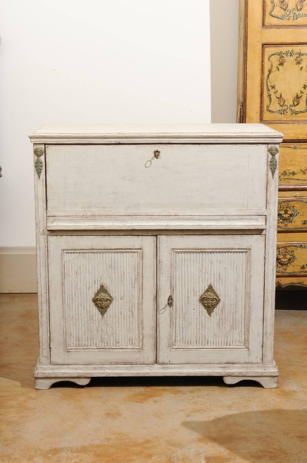 19th Century Swedish Gustavian Period 1820s Drop-Front Painted Secretary with Bronze Mounts