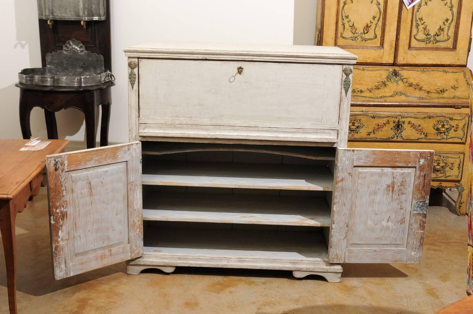 Wood Swedish Gustavian Period 1820s Drop-Front Painted Secretary with Bronze Mounts