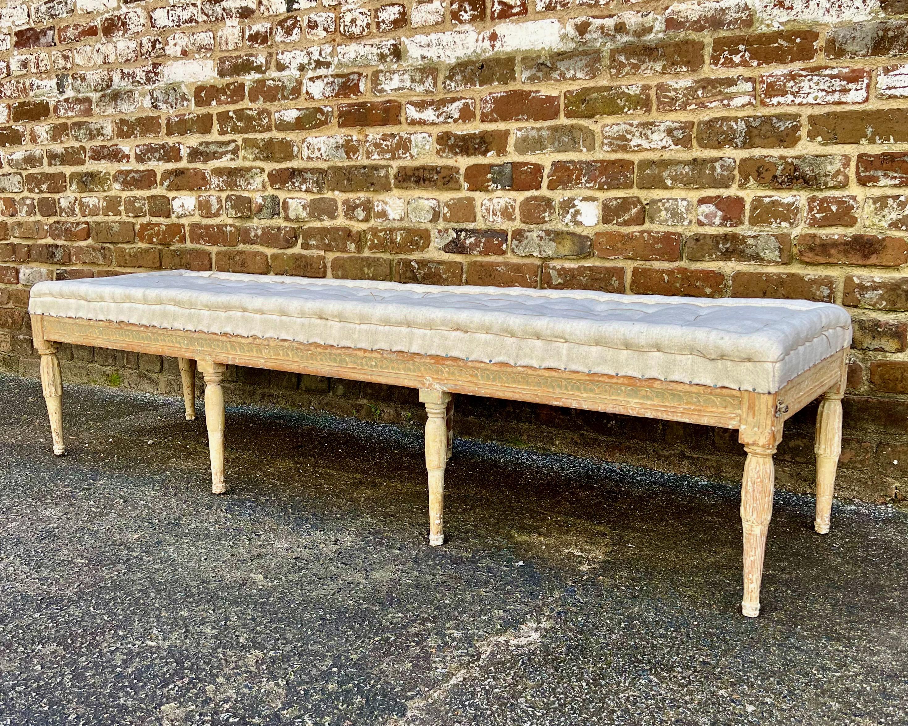 Hand-Carved Swedish Gustavian Period Bench with Antique Linen For Sale