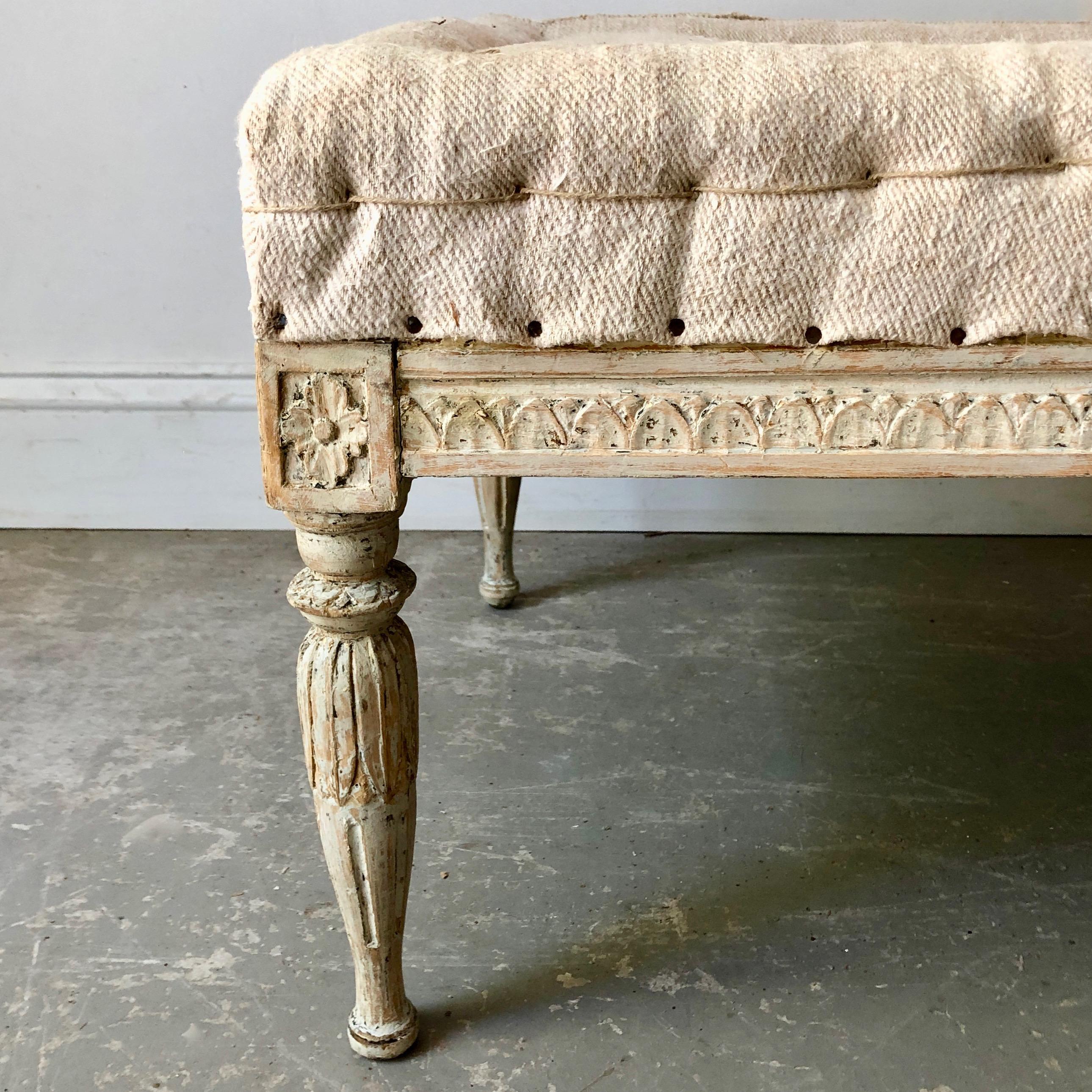 Swedish Gustavian Period Bench with Antique Linen In Good Condition In Charleston, SC