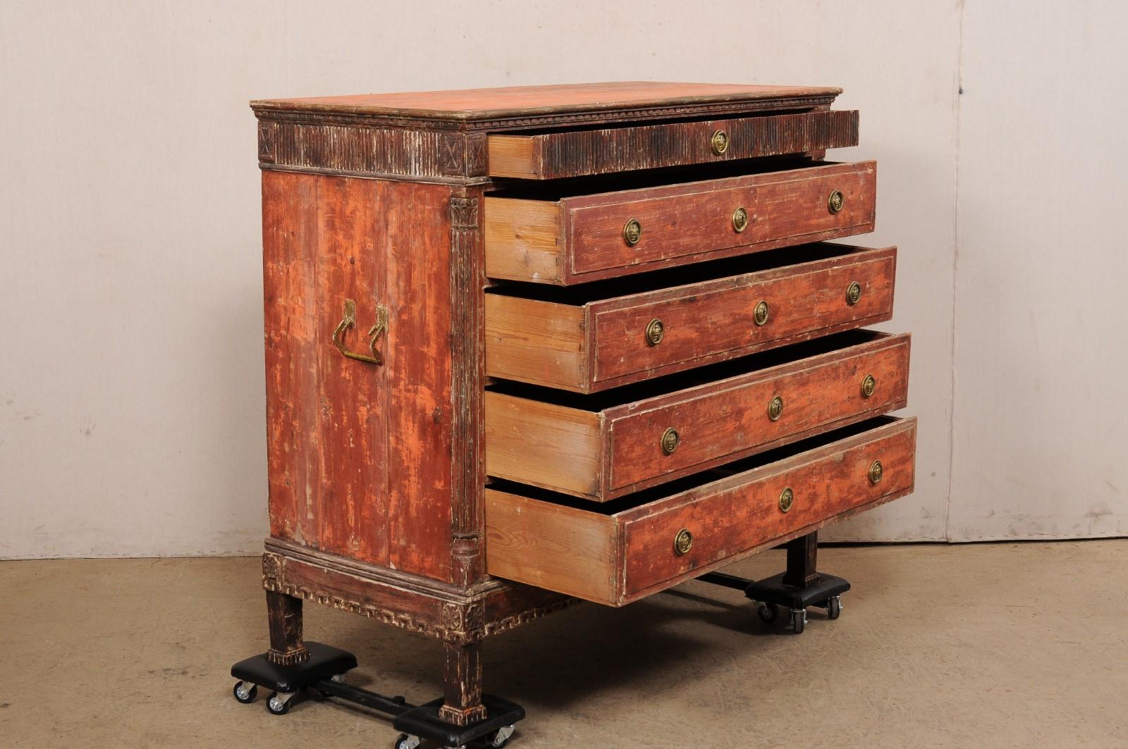 19th Century Swedish Gustavian Period Carved Wood Chest, Scraped to Original Finish For Sale