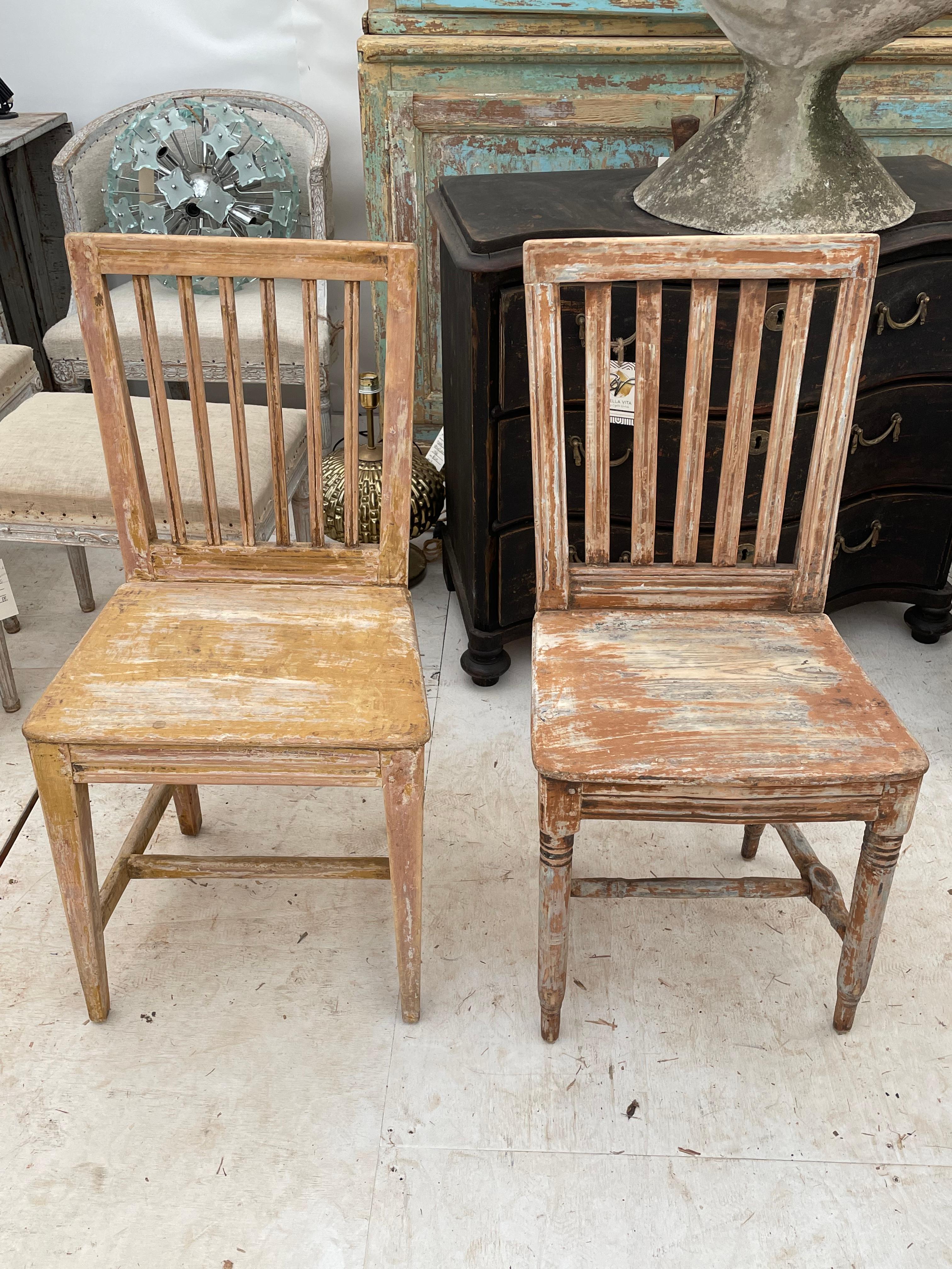 Primitive style of Swedish chairs that have been dry scrapped that have age to them. Two have different legs and a different back that match for a pair but are being sold with the other 6 chairs. The colors vary in each chair but overall these all