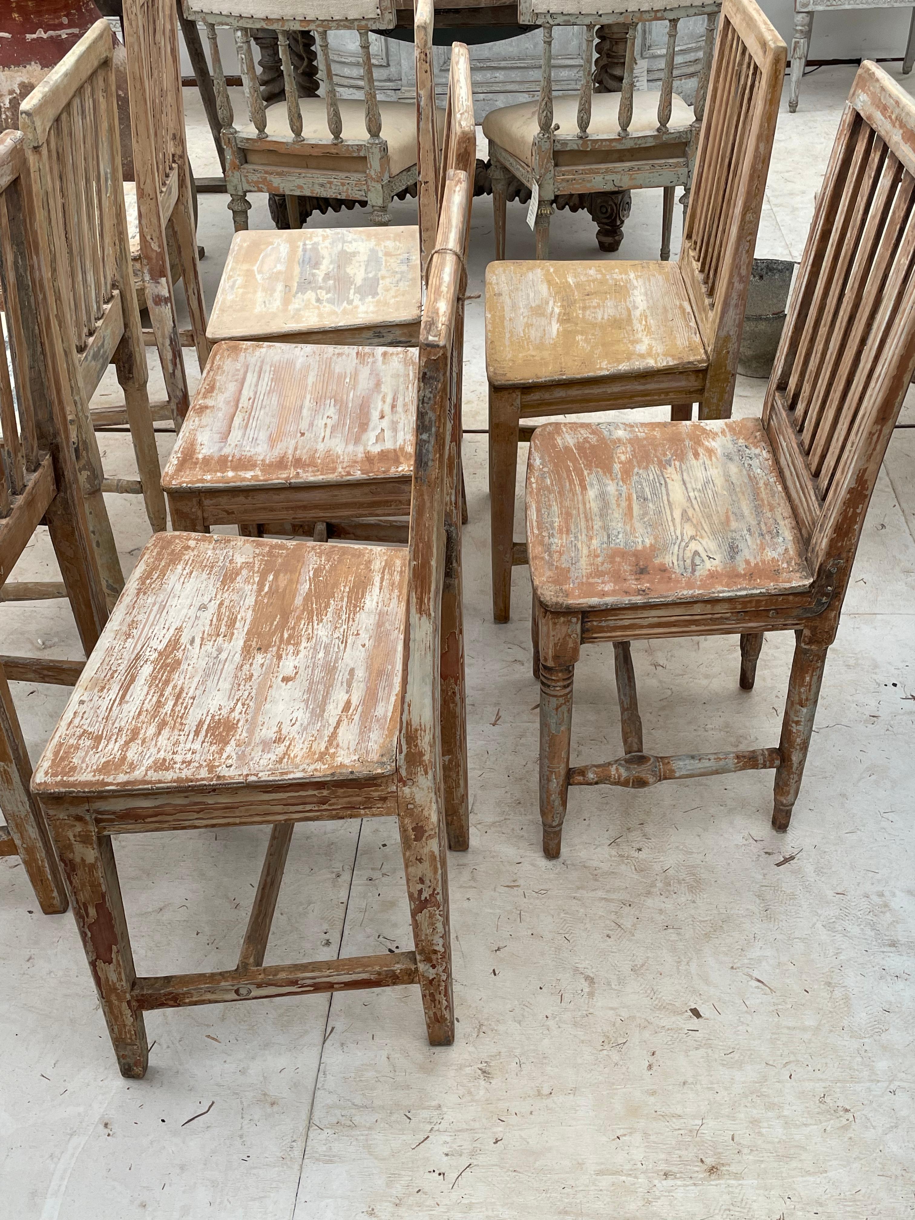 Wood Swedish Gustavian Primitive Dining Chairs, Set of 8
