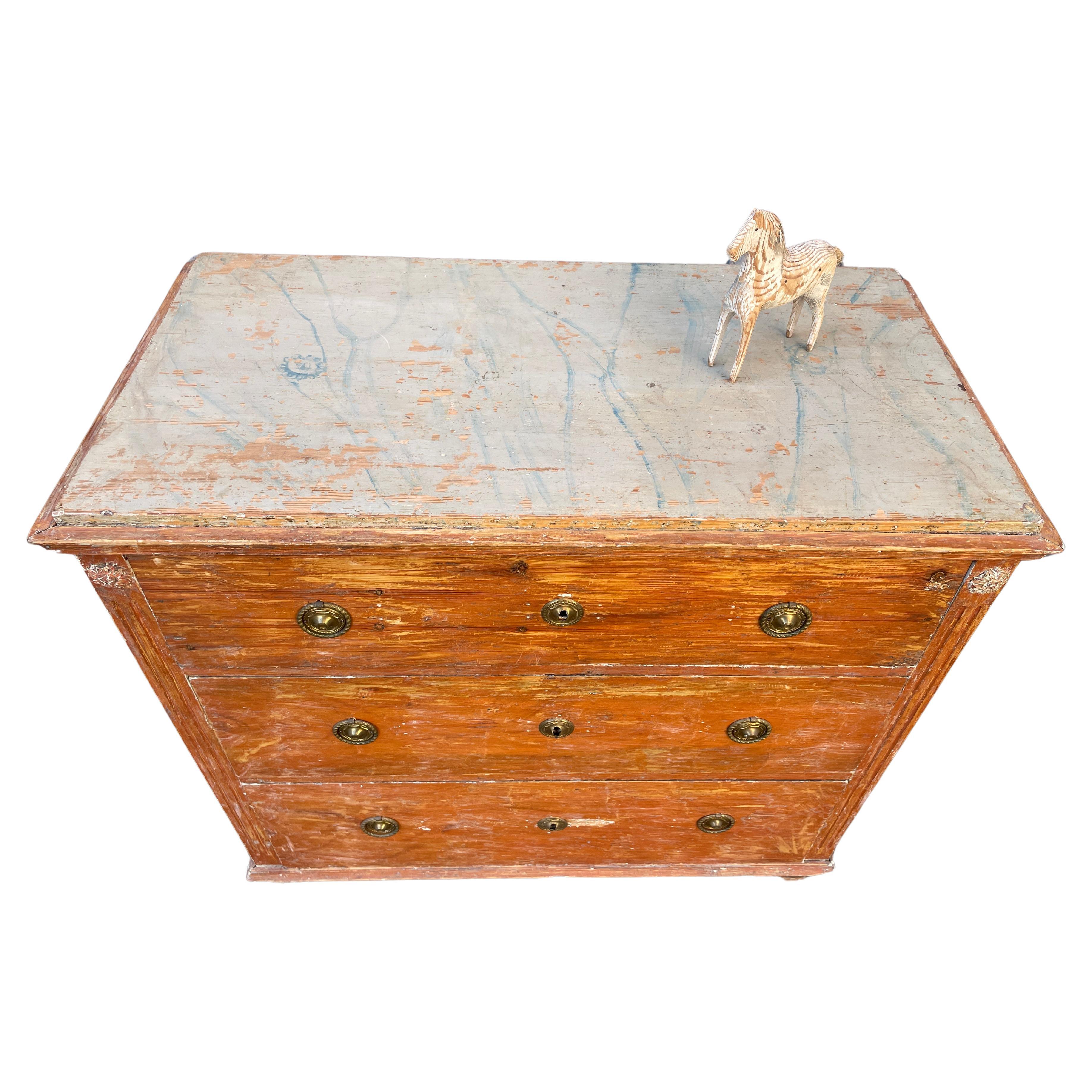 Hand-Painted Swedish Gustavian Red Chest with Faux Marble Painted Top For Sale