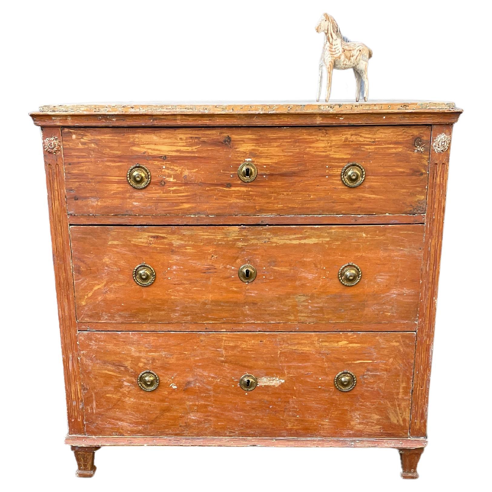 19th Century Swedish Gustavian Red Chest with Faux Marble Painted Top For Sale