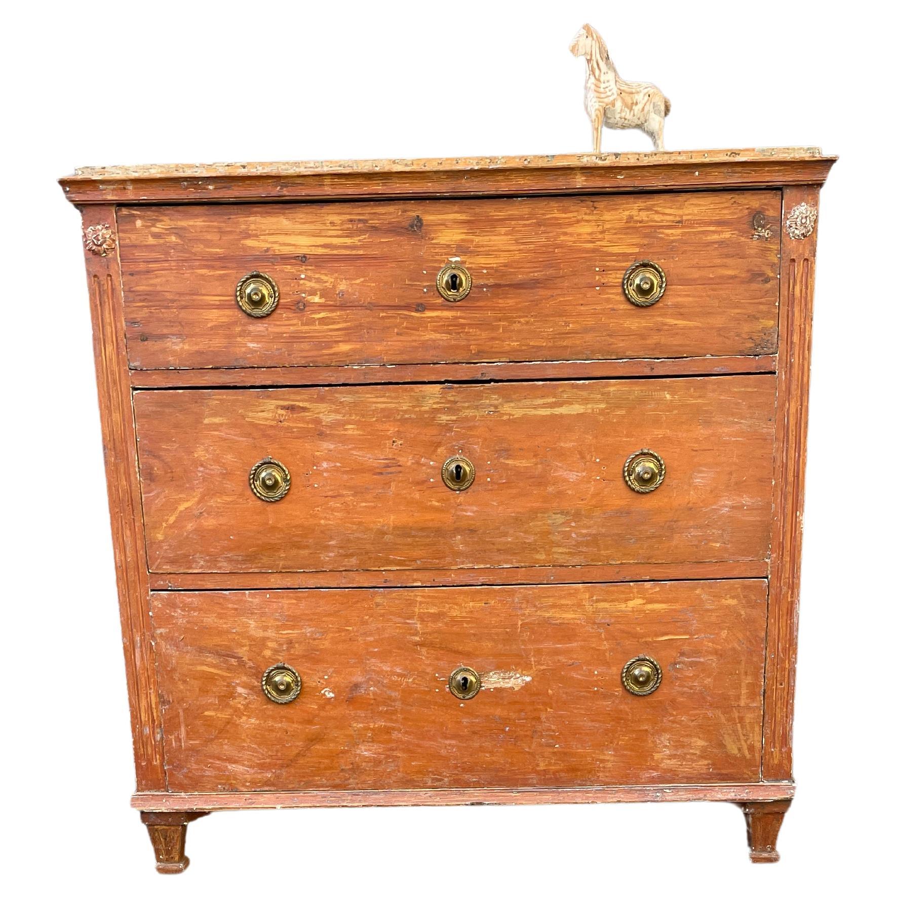 Wood Swedish Gustavian Red Chest with Faux Marble Painted Top For Sale