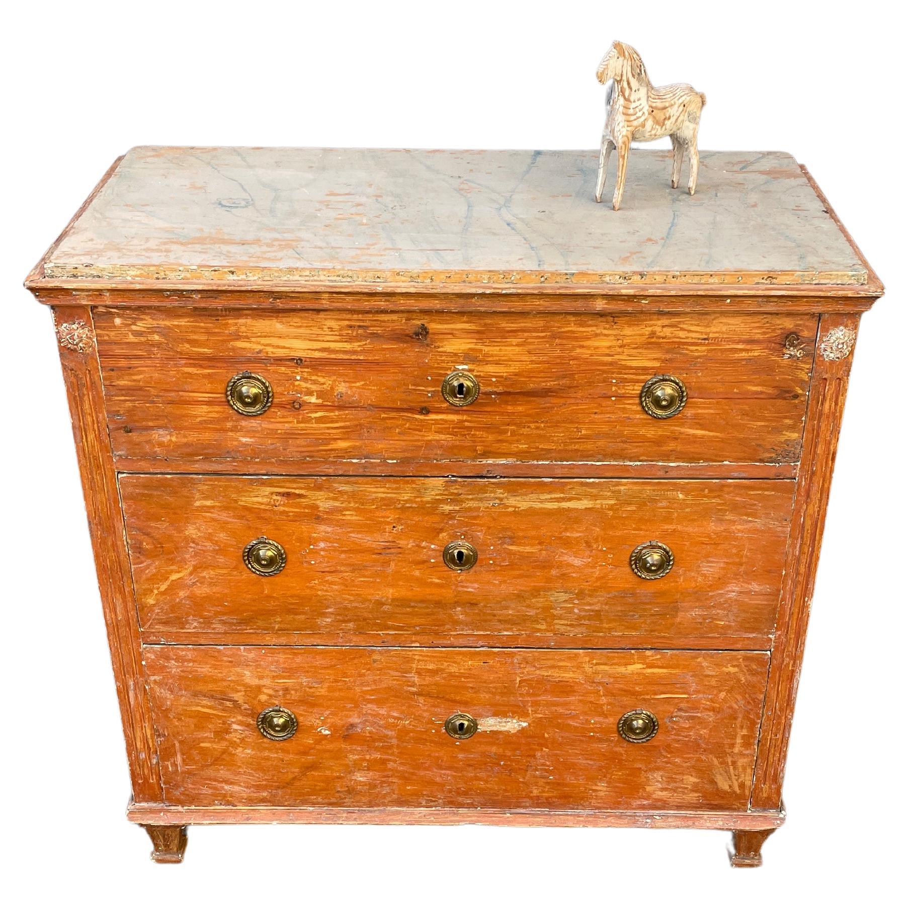 Swedish Gustavian Red Chest with Faux Marble Painted Top For Sale