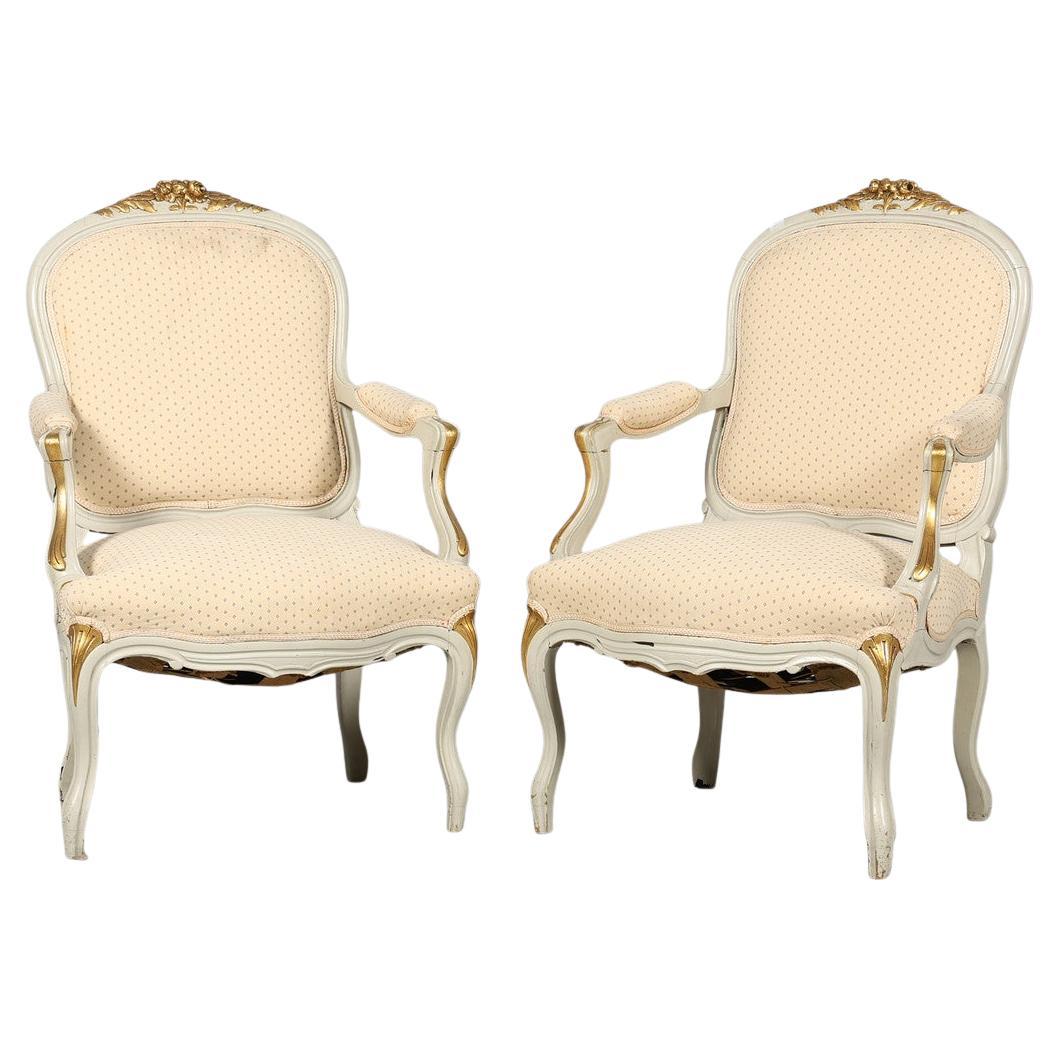 Swedish Gustavian Rococo Armchairs Pair White Color Gold Detail Early 1900s For Sale
