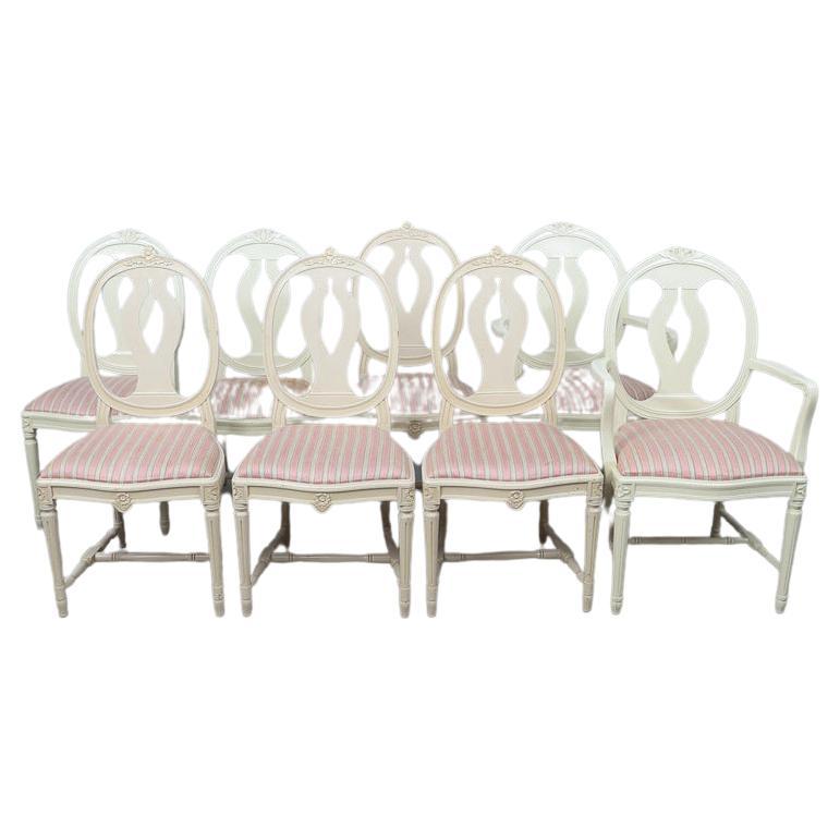Swedish Gustavian Roseback Dining Chairs White Paint Set of 8 1940s 2 Carvers