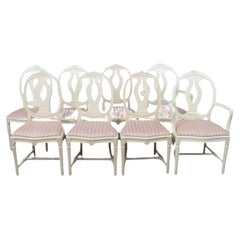 Swedish Gustavian Roseback Dining Chairs White Set of 8 1940s 2 Carvers