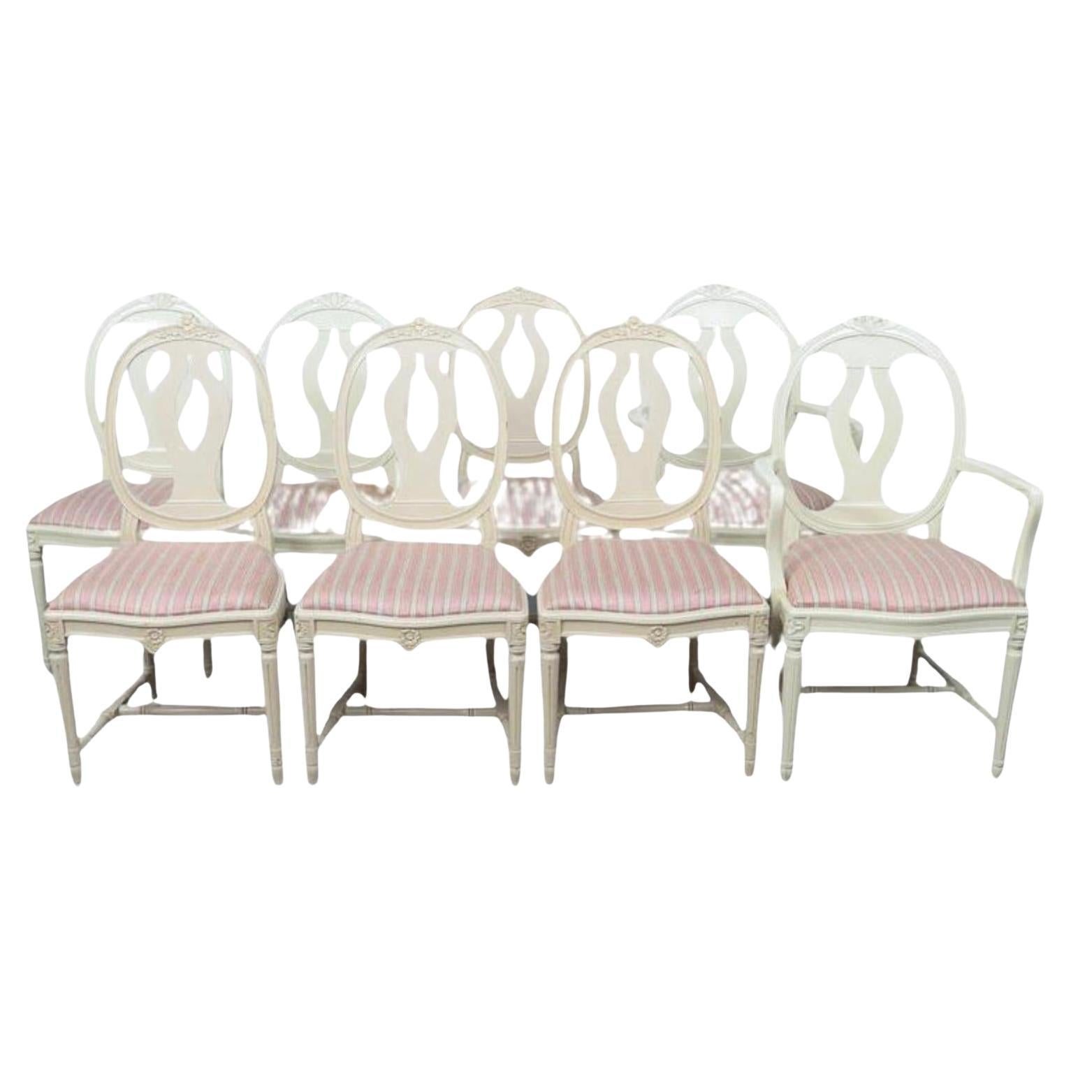 Swedish Gustavian Roseback Dining Chairs White Set of 8 1940s 2 Carvers For Sale